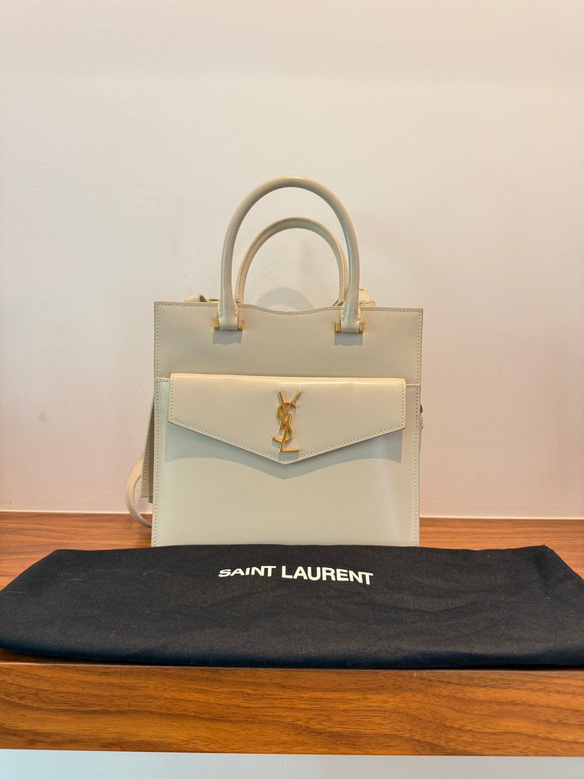 YSL Saint Laurent Canvas Calfskin Small Uptown Tote Cream Pre-Owned