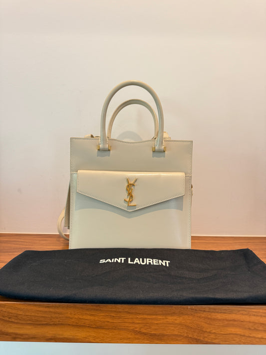 YSL Saint Laurent Canvas Calfskin Small Uptown Tote Cream Pre-Owned