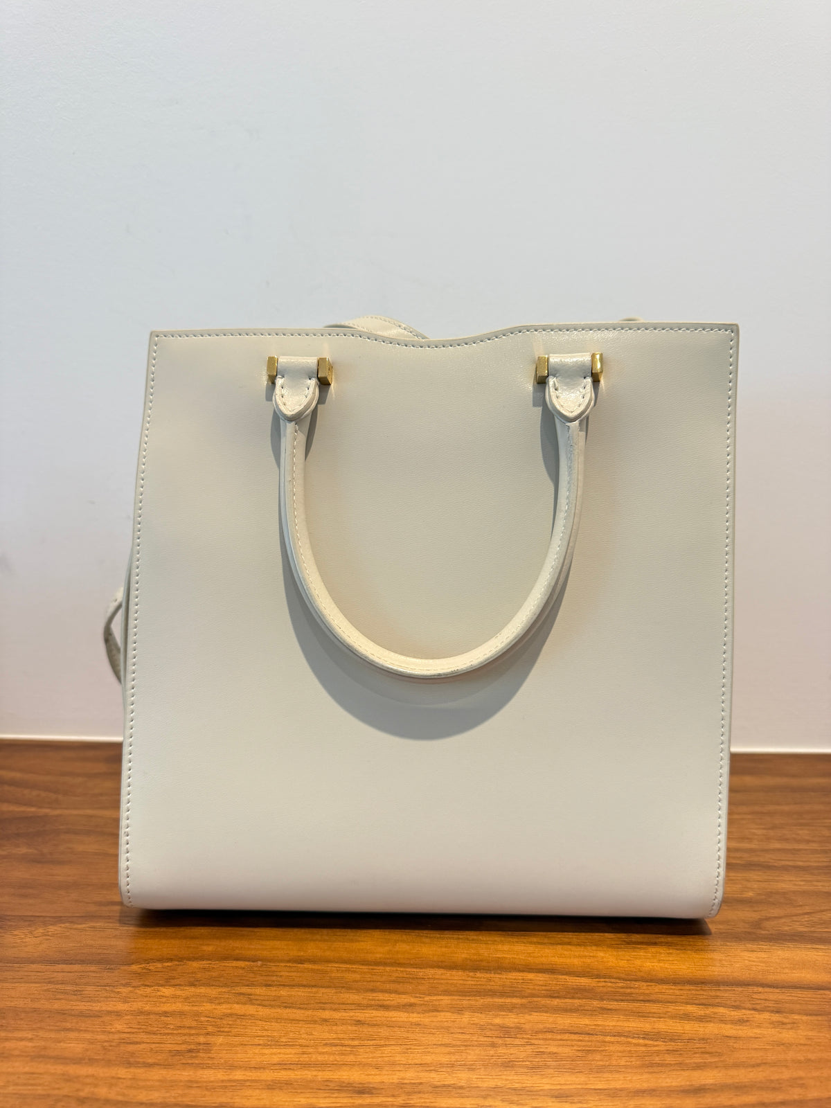YSL Saint Laurent Canvas Calfskin Small Uptown Tote Cream Pre-Owned