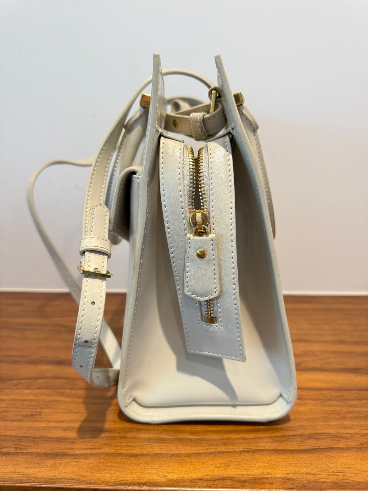 YSL Saint Laurent Canvas Calfskin Small Uptown Tote Cream Pre-Owned