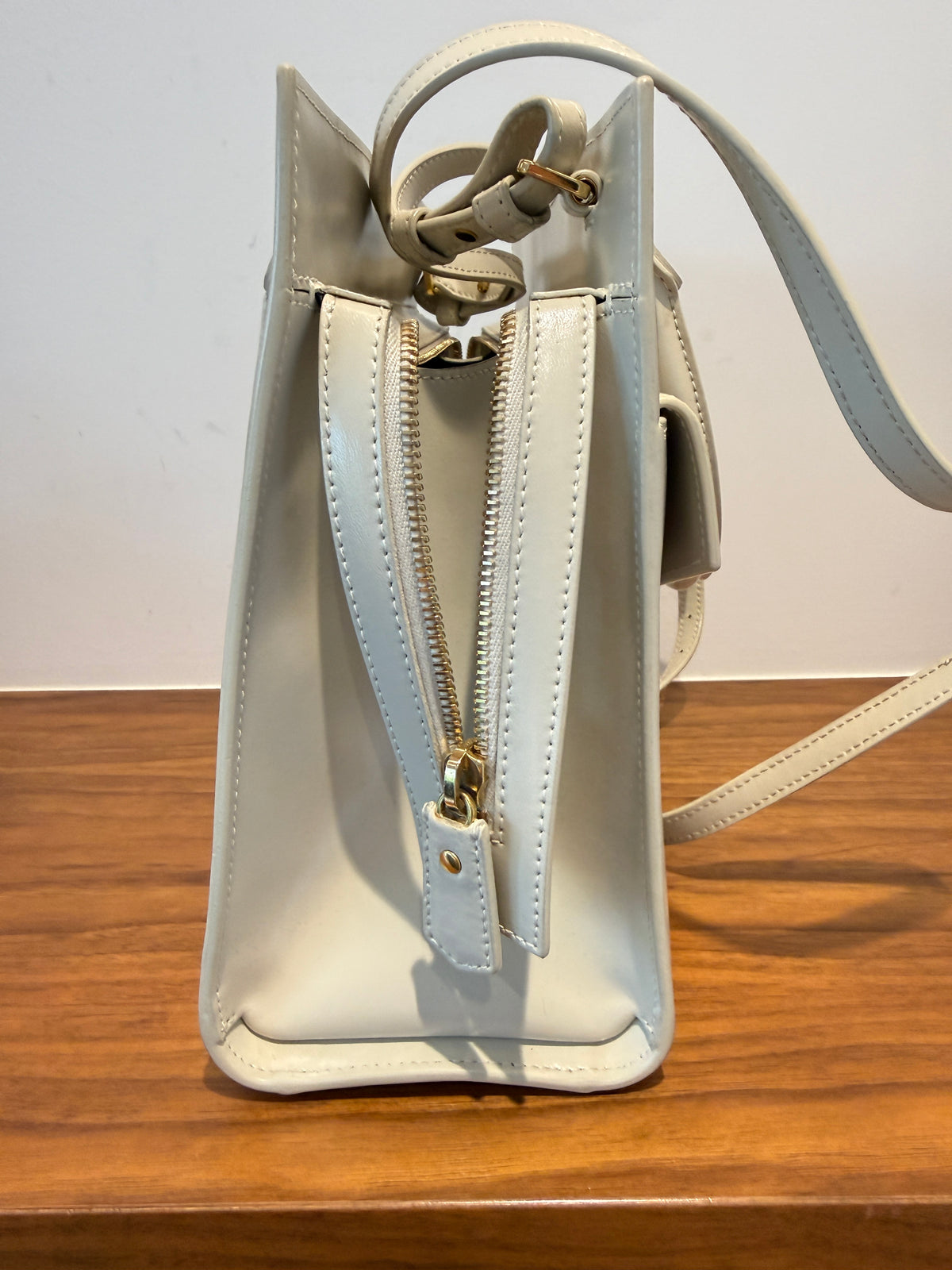 YSL Saint Laurent Canvas Calfskin Small Uptown Tote Cream Pre-Owned
