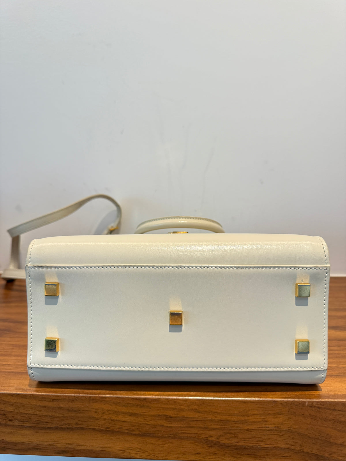 YSL Saint Laurent Canvas Calfskin Small Uptown Tote Cream Pre-Owned
