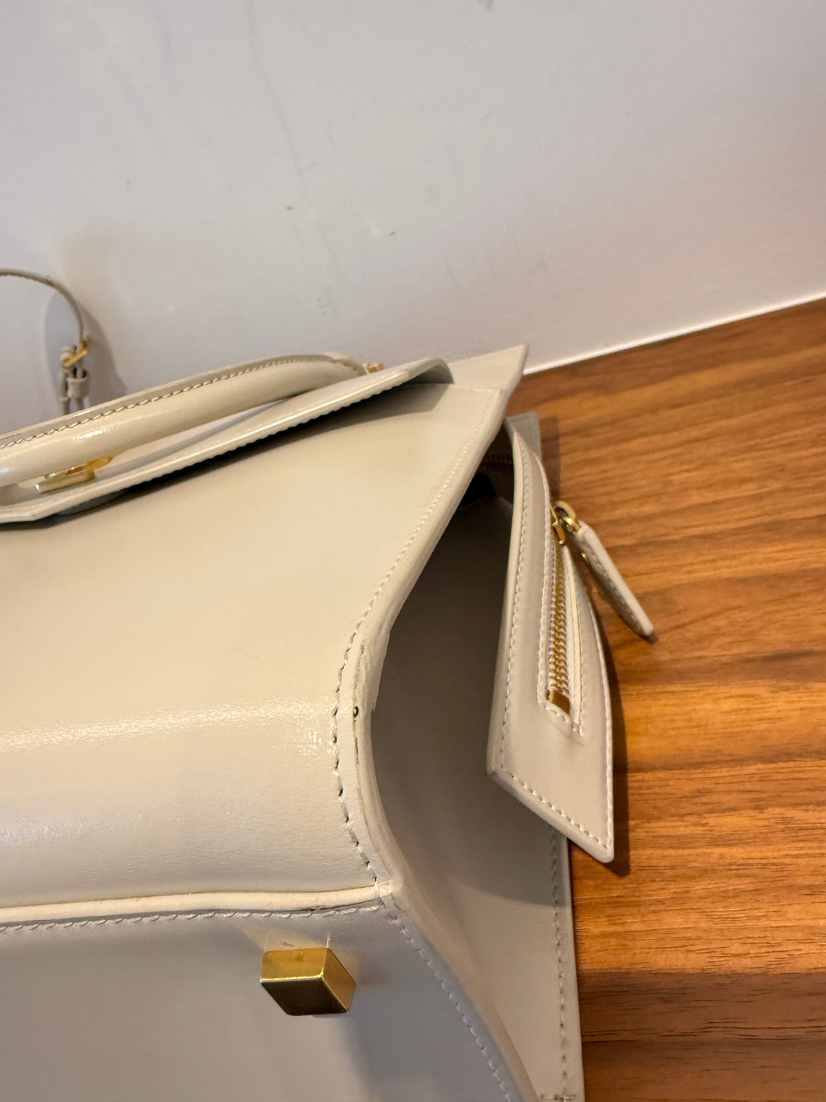 YSL Saint Laurent Canvas Calfskin Small Uptown Tote Cream Pre-Owned