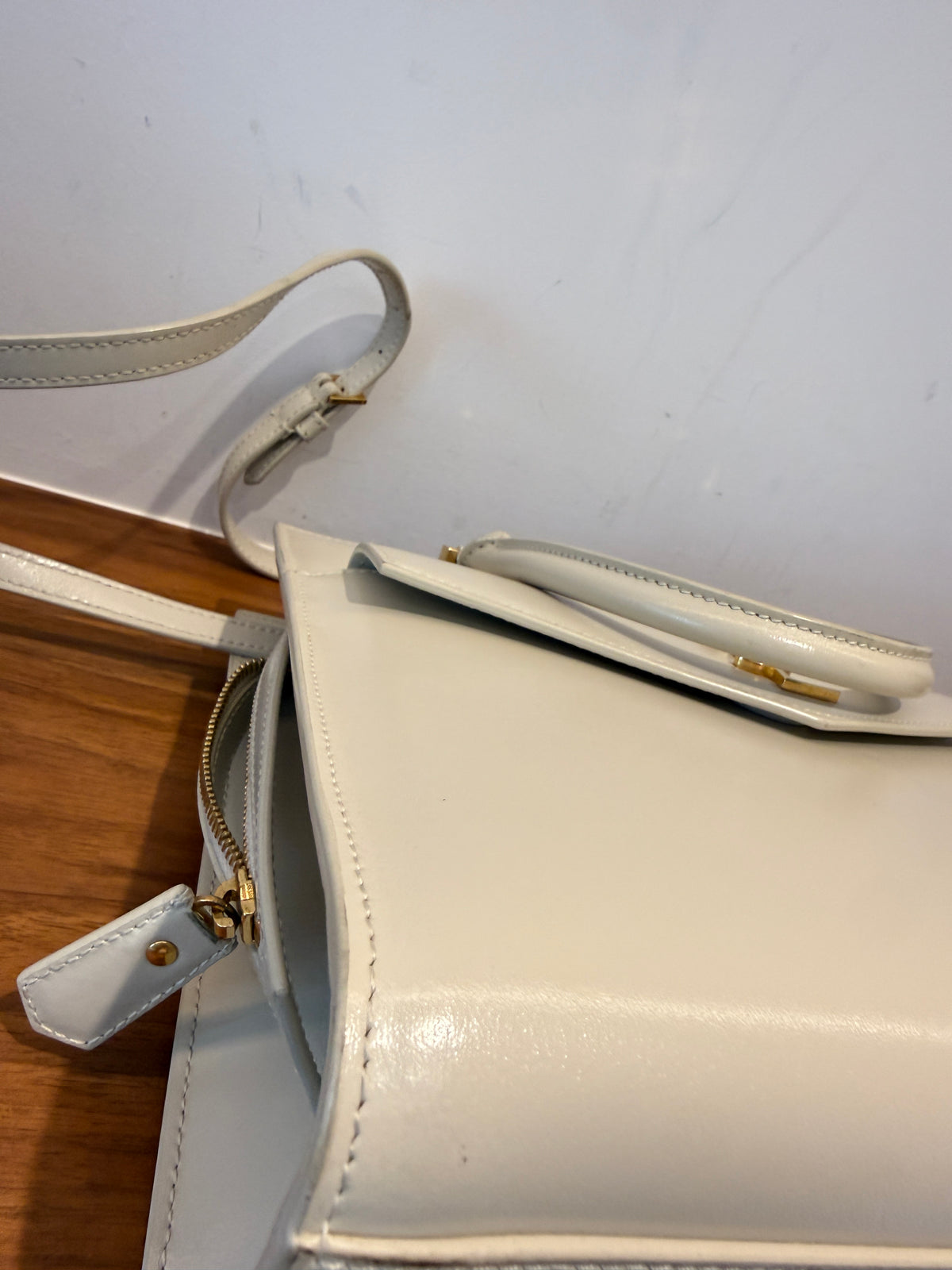 YSL Saint Laurent Canvas Calfskin Small Uptown Tote Cream Pre-Owned