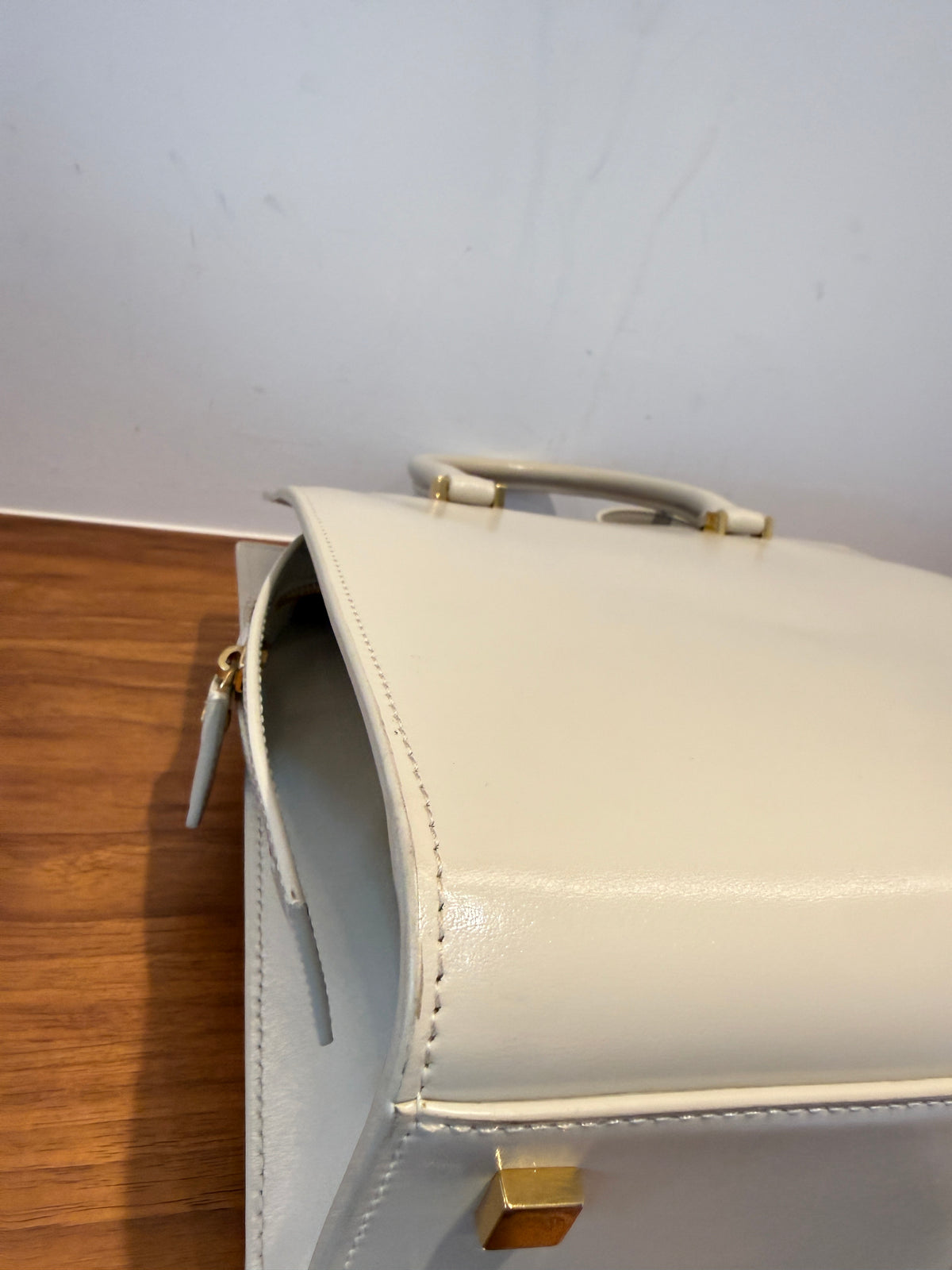 YSL Saint Laurent Canvas Calfskin Small Uptown Tote Cream Pre-Owned
