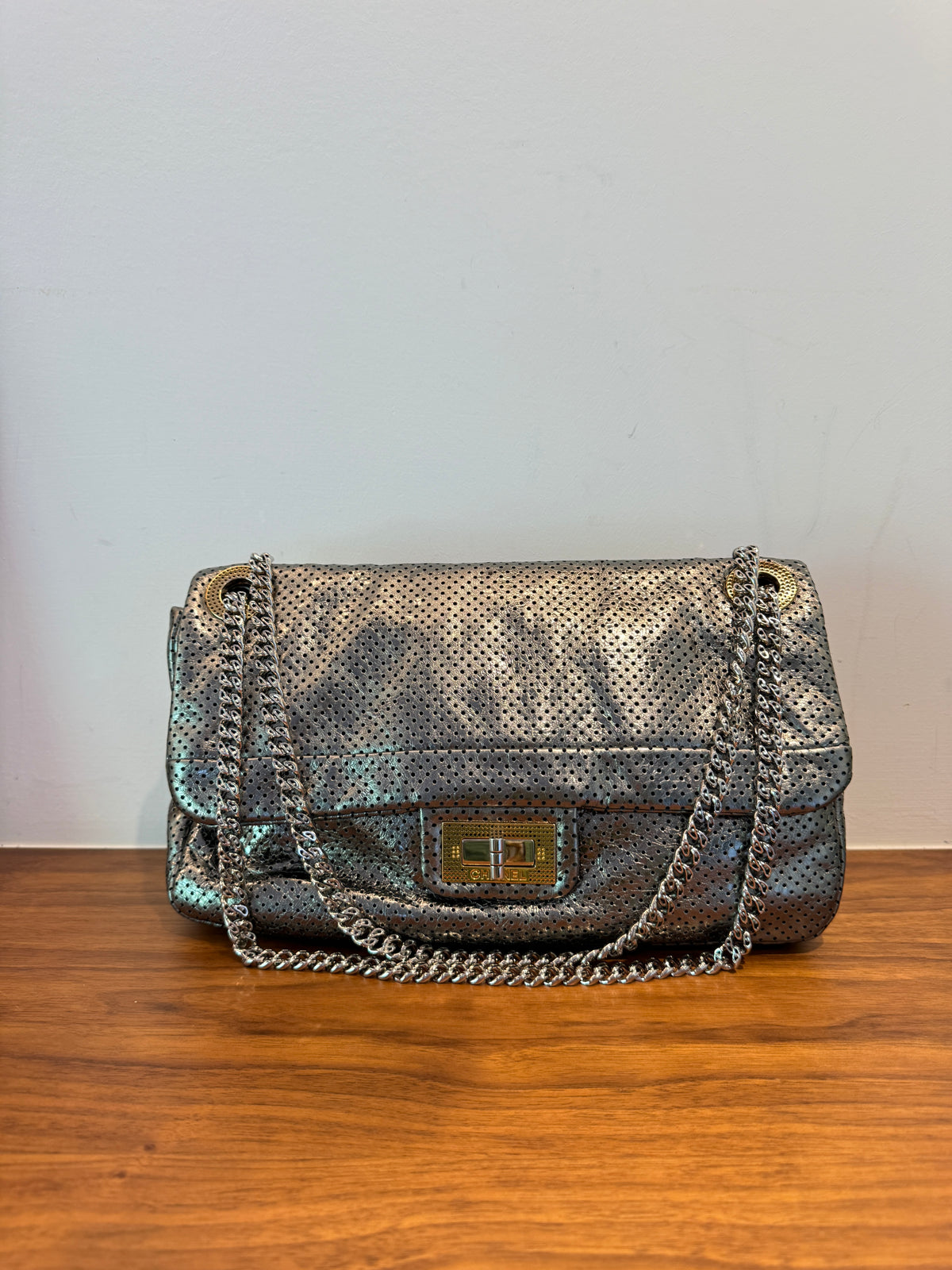 chanel metallic perforated classic flap consignment luxury resale