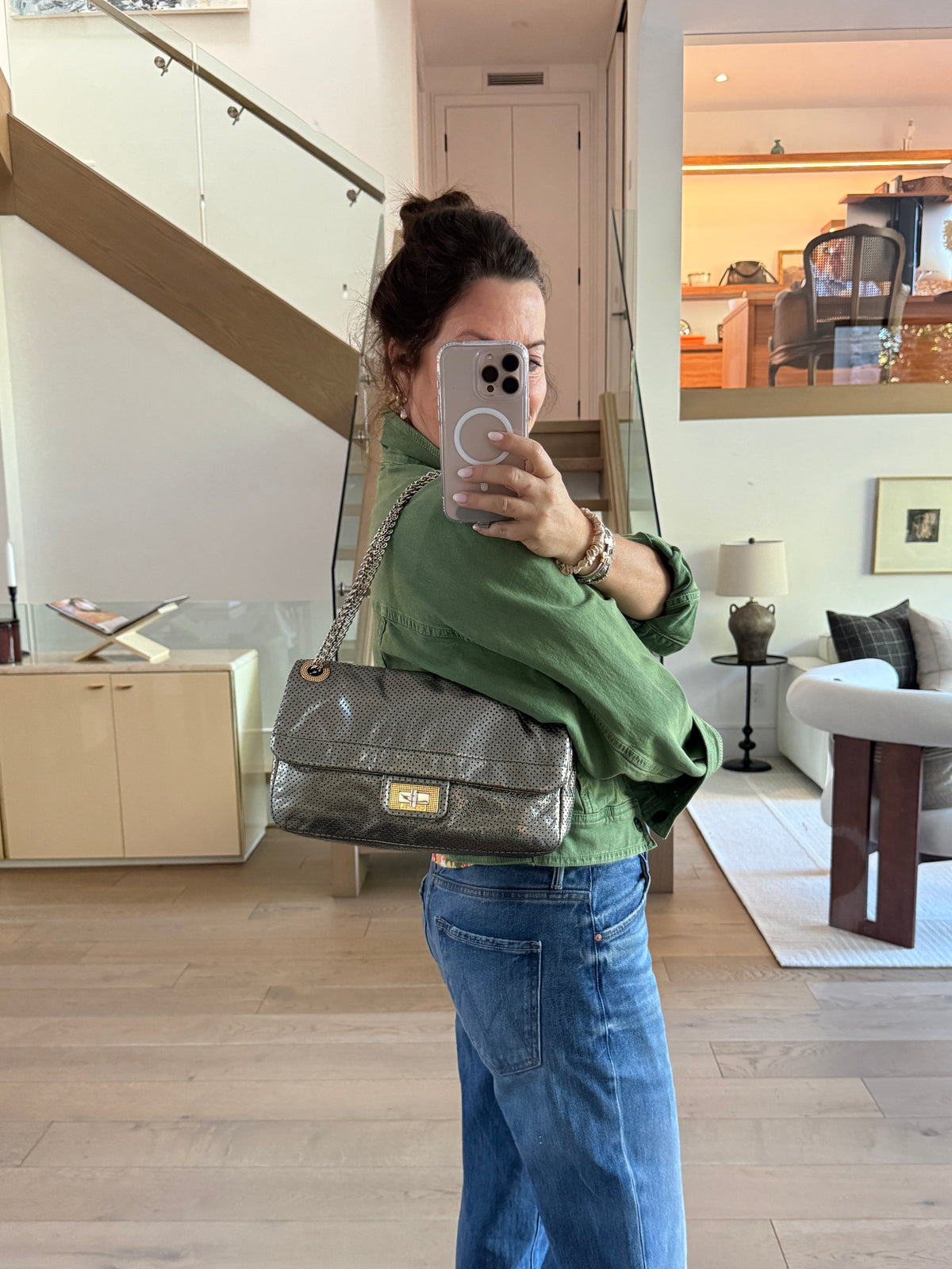 Chanel perforated 2.55 classic flap in metallic grey with gold hardware preowned authentic from purseonalshopper