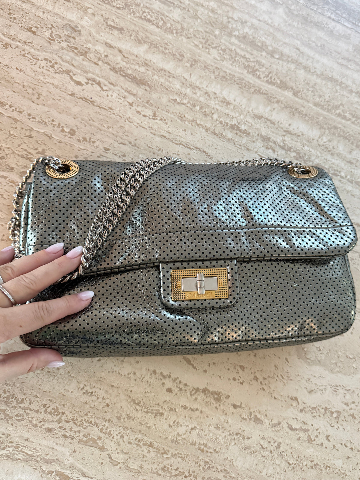 Chanel metallic grey perforated lambskin 2.55 flap handbag with gold and silver hardware for sale used