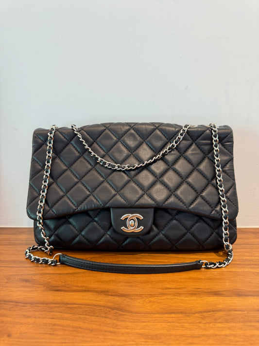 Chanel Accordion Flap Bag in Black Lambskin with Three Compartments