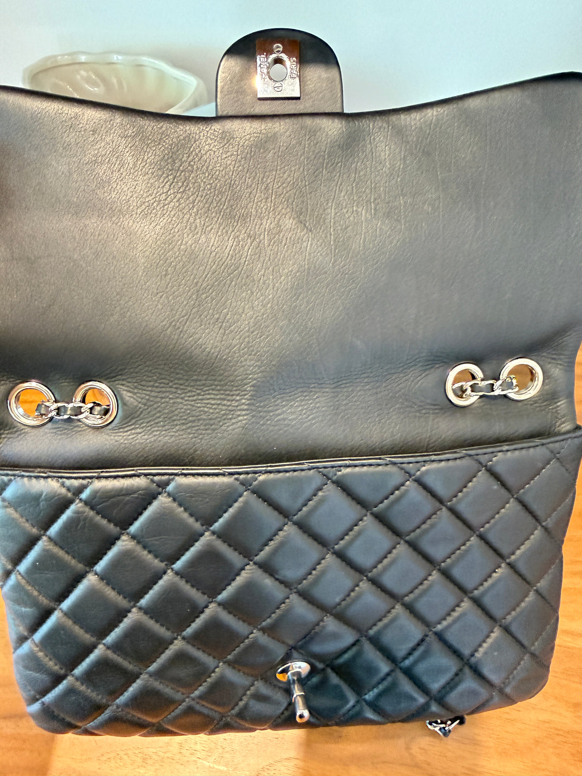 Chanel Accordion Flap Bag in Black Lambskin with Three Compartments
