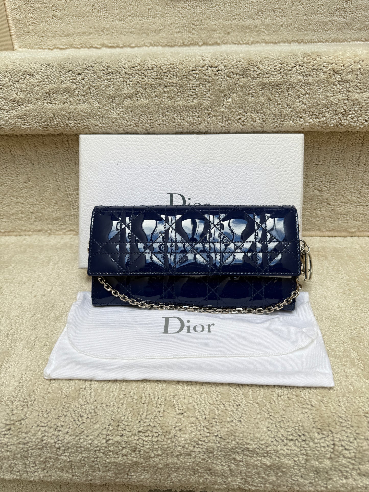 Christian Dior Wallet on Chain in Navy Blue Patent Leather