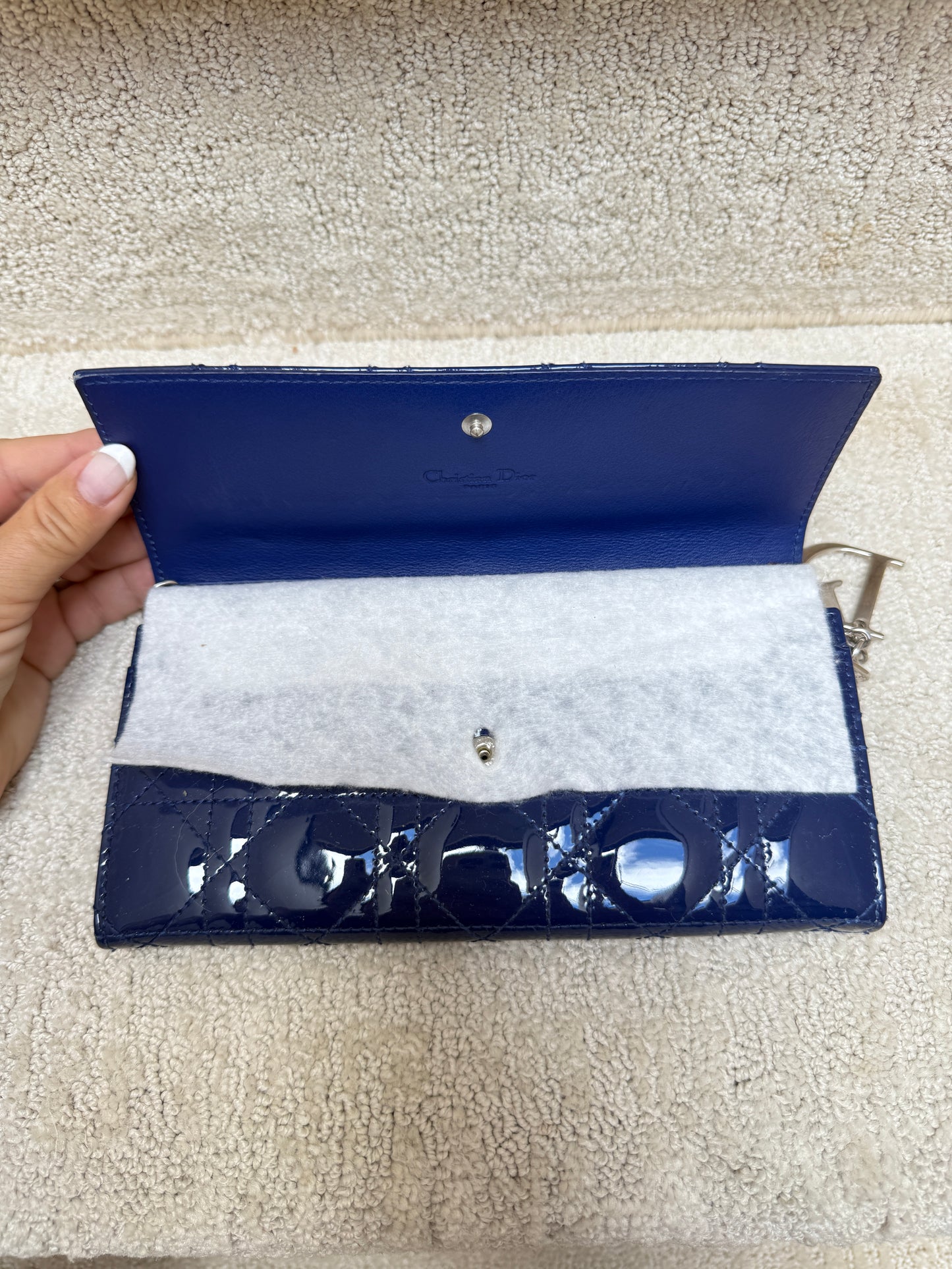 Christian Dior Wallet on Chain in Navy Blue Patent Leather