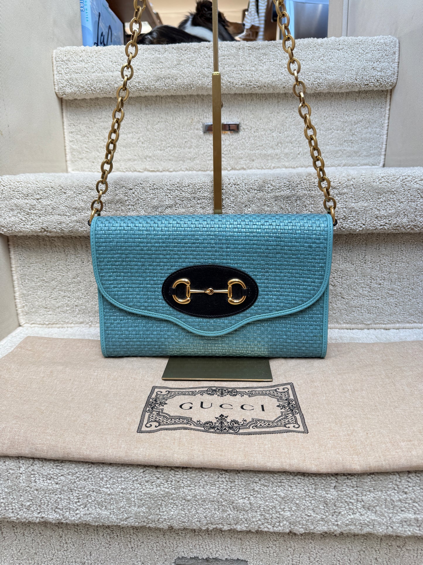 Gucci Horsebit 1955 Curved Flap Shoulder Bag in Blue Raffia