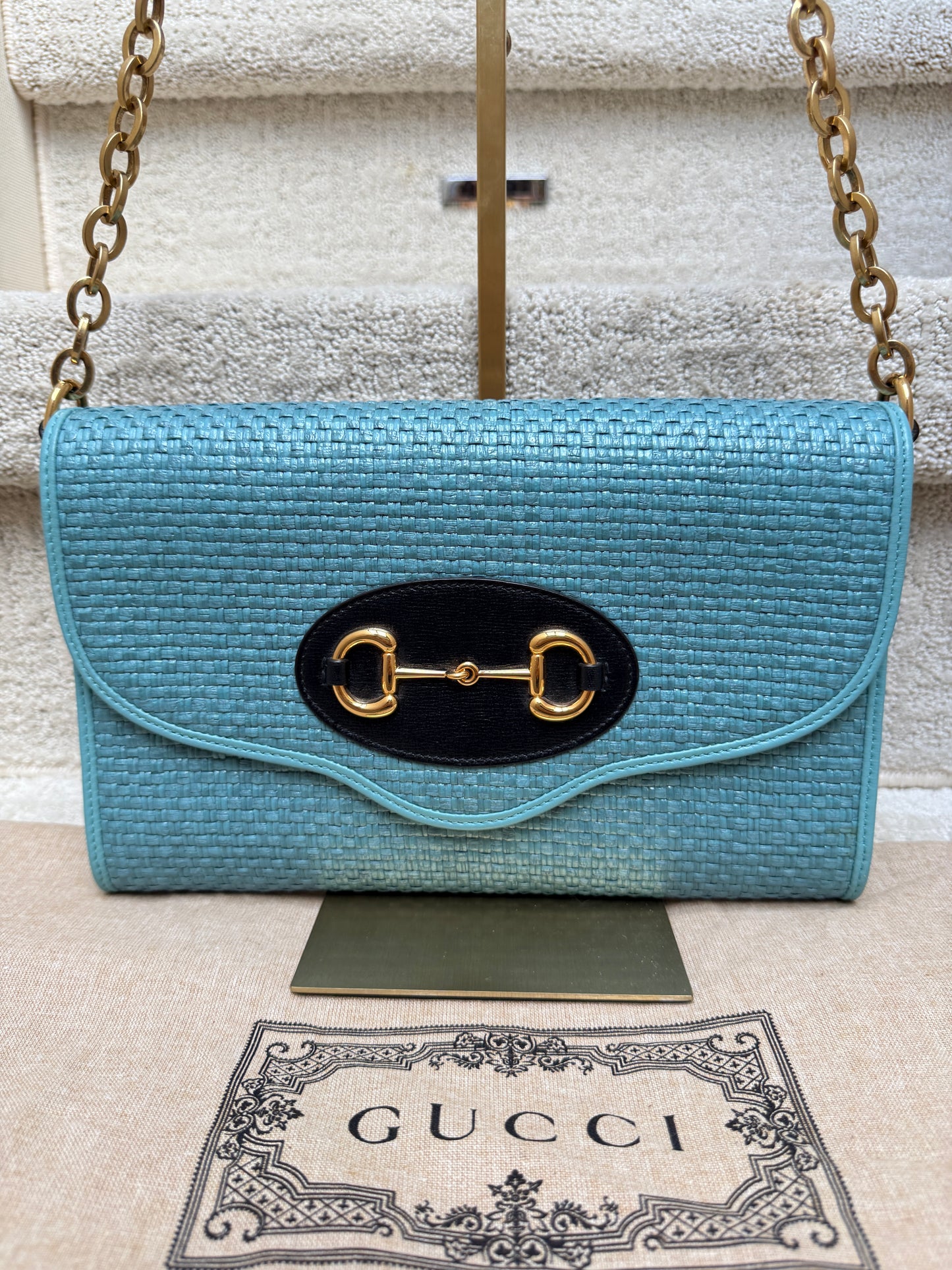 Gucci Horsebit 1955 Curved Flap Shoulder Bag in Blue Raffia