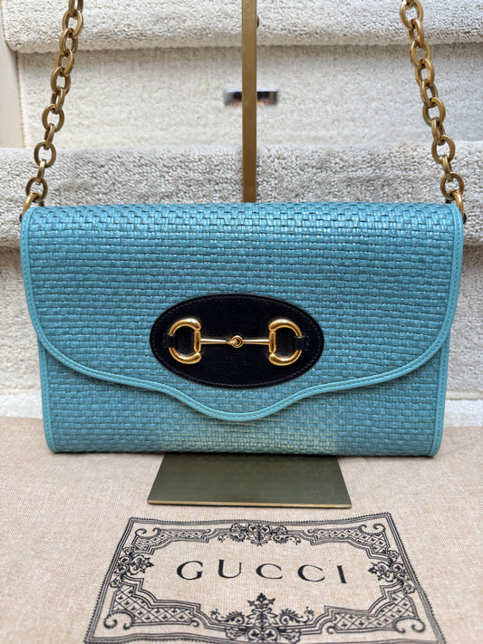 Gucci Horsebit 1955 Curved Flap Shoulder Bag in Blue Raffia
