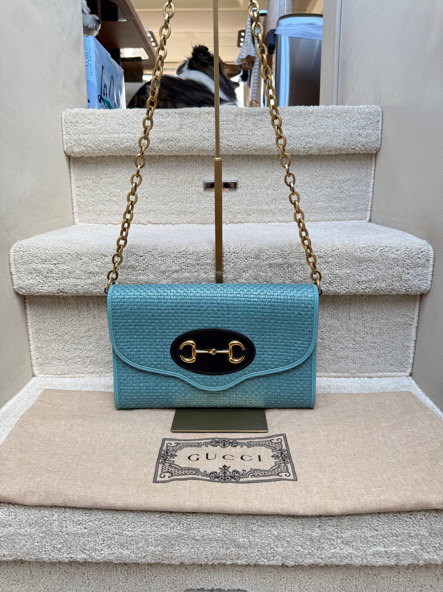 Gucci Horsebit 1955 Curved Flap Shoulder Bag in Blue Raffia