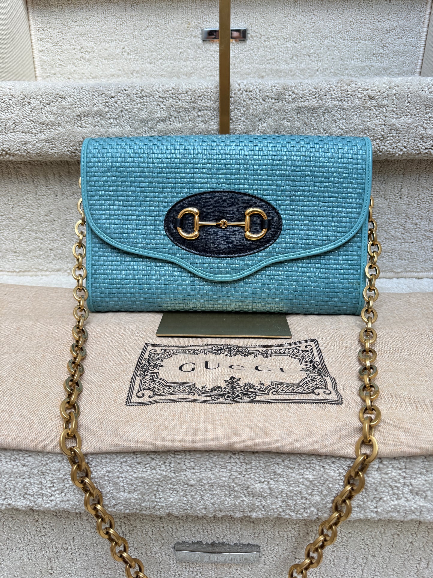 Gucci Horsebit 1955 Curved Flap Shoulder Bag in Blue Raffia
