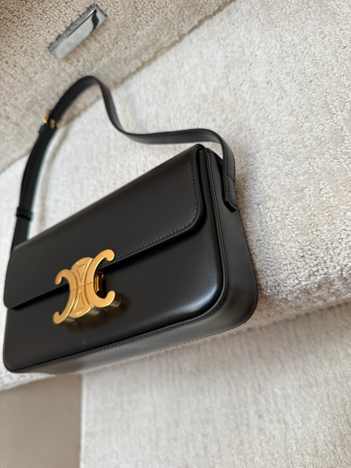 Celine Shiny Calfskin Triomphe Shoulder Bag Black