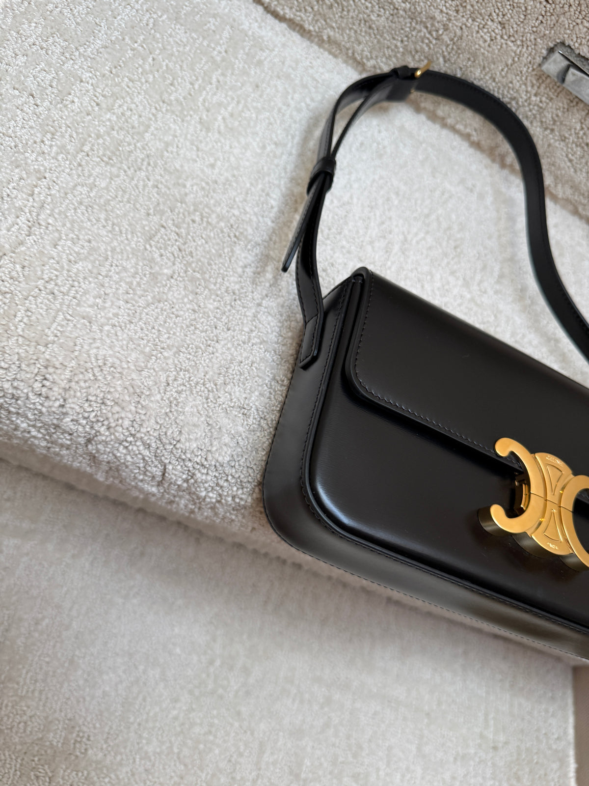 Celine Shiny Calfskin Triomphe Shoulder Bag Black