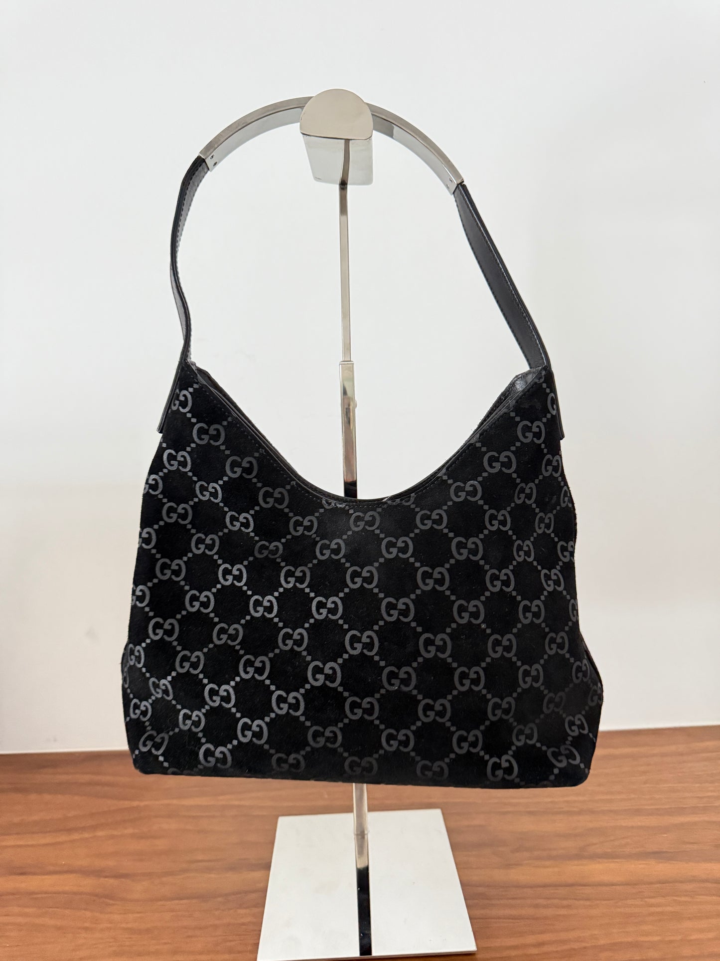 Gucci Monogram Hobo Shoulder Bag in Black Suede