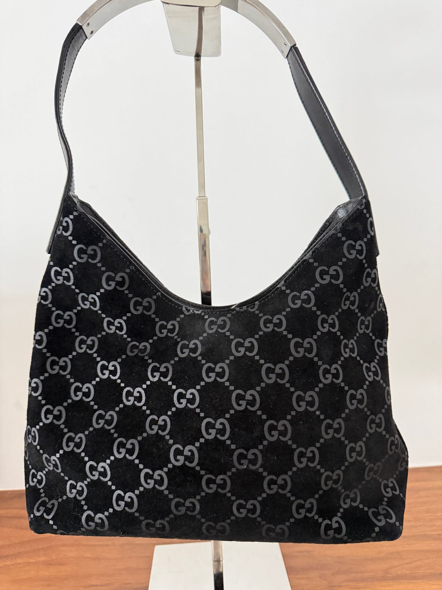 Gucci Monogram Hobo Shoulder Bag in Black Suede