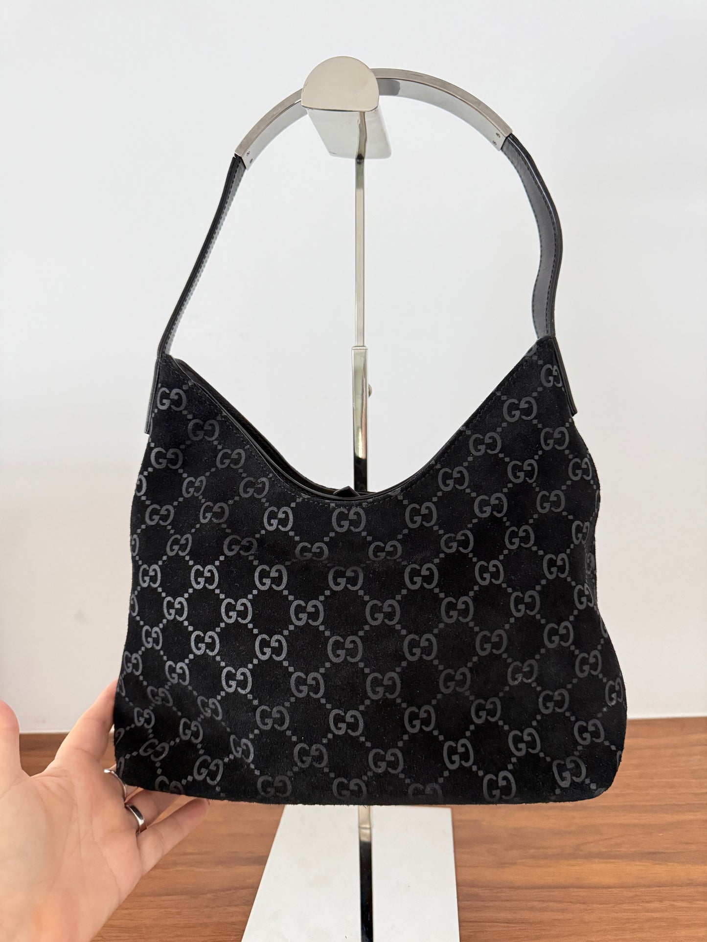 Gucci Monogram Hobo Shoulder Bag in Black Suede