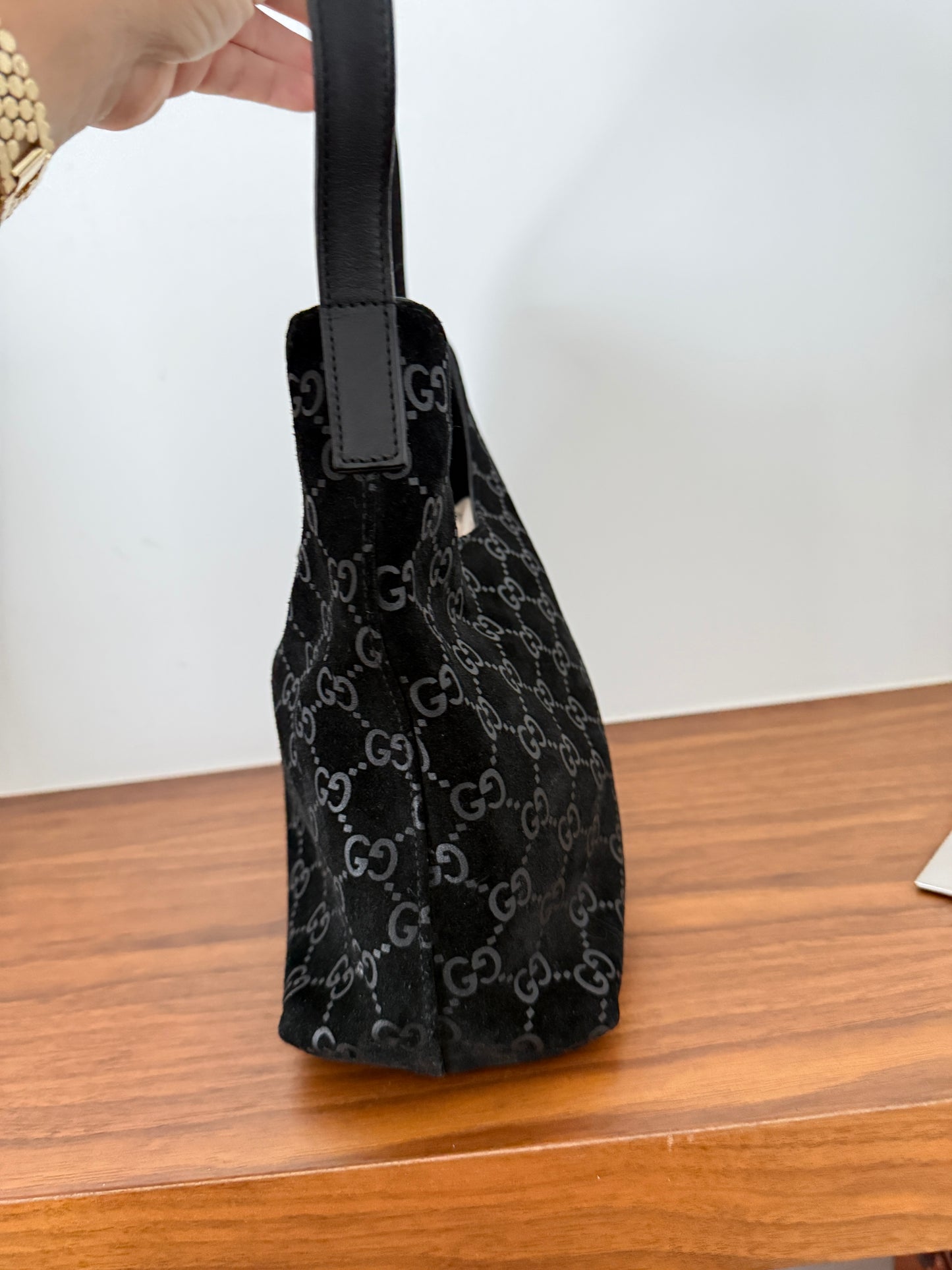 Gucci Monogram Hobo Shoulder Bag in Black Suede
