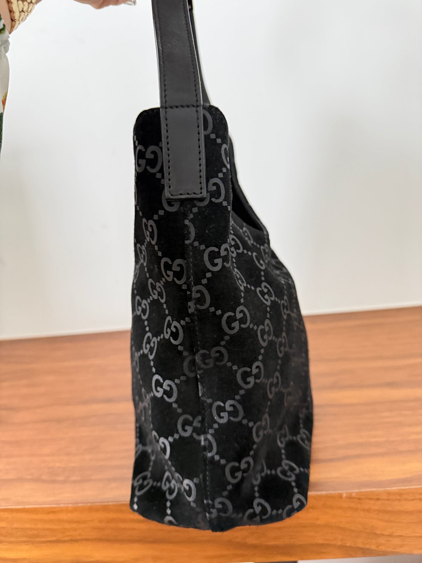 Gucci Monogram Hobo Shoulder Bag in Black Suede