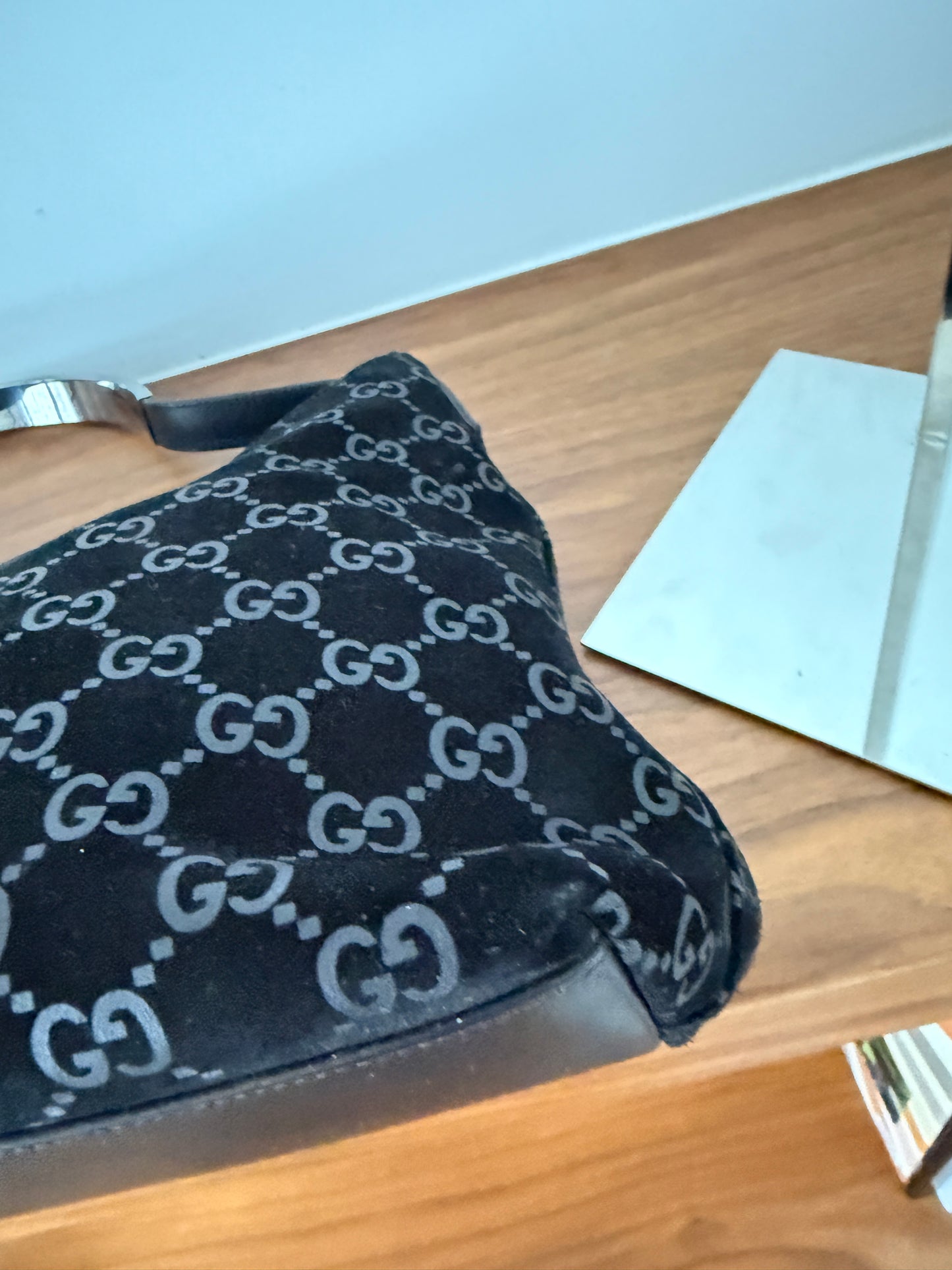 Gucci Monogram Hobo Shoulder Bag in Black Suede
