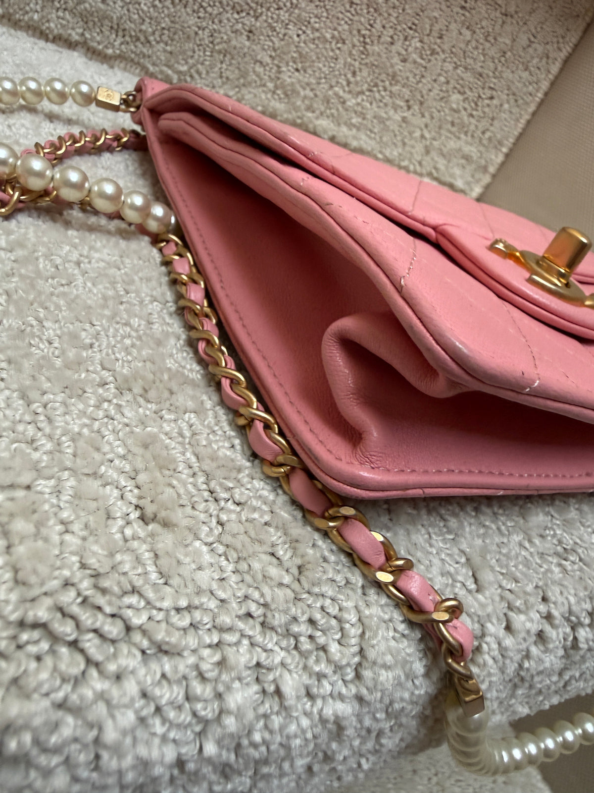 Chanel Chic Pearls Flap Bag in Pink Quilted Goatskin