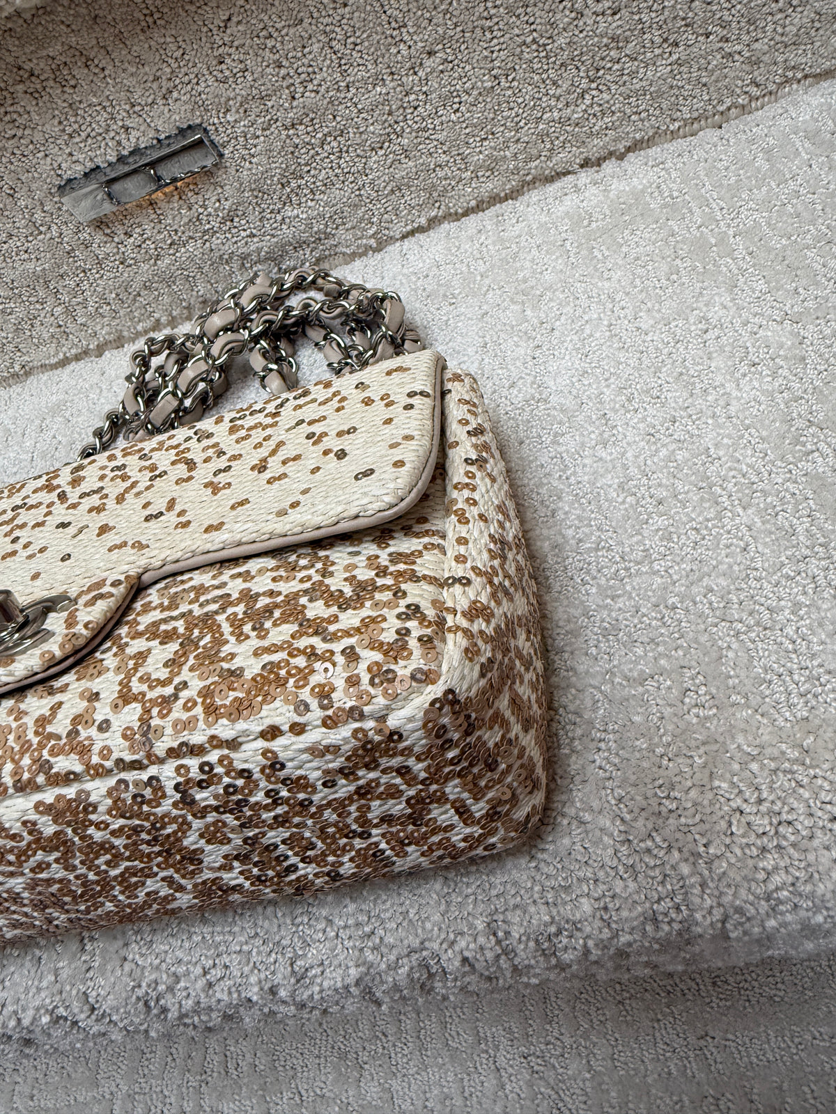 Chanel Small Single Flap Bag in Beige Raffia Sequins from Karl Lagerfeld