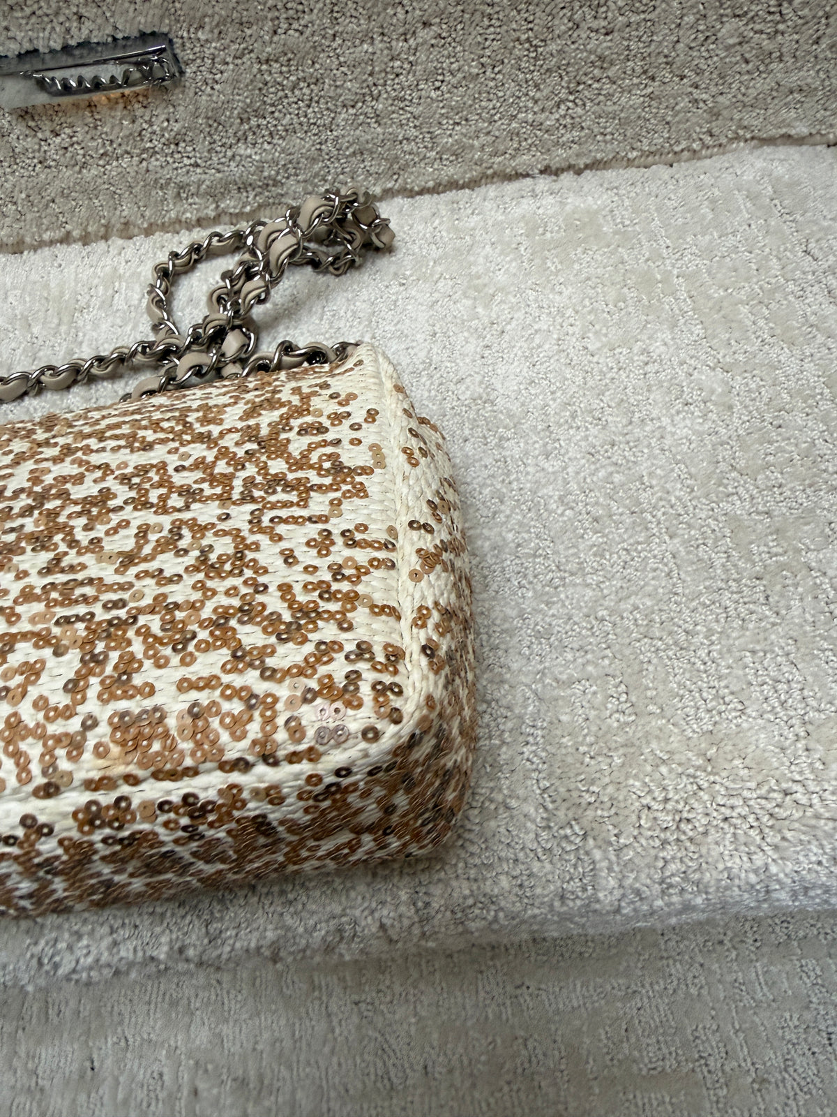 Chanel Small Single Flap Bag in Beige Raffia Sequins from Karl Lagerfeld