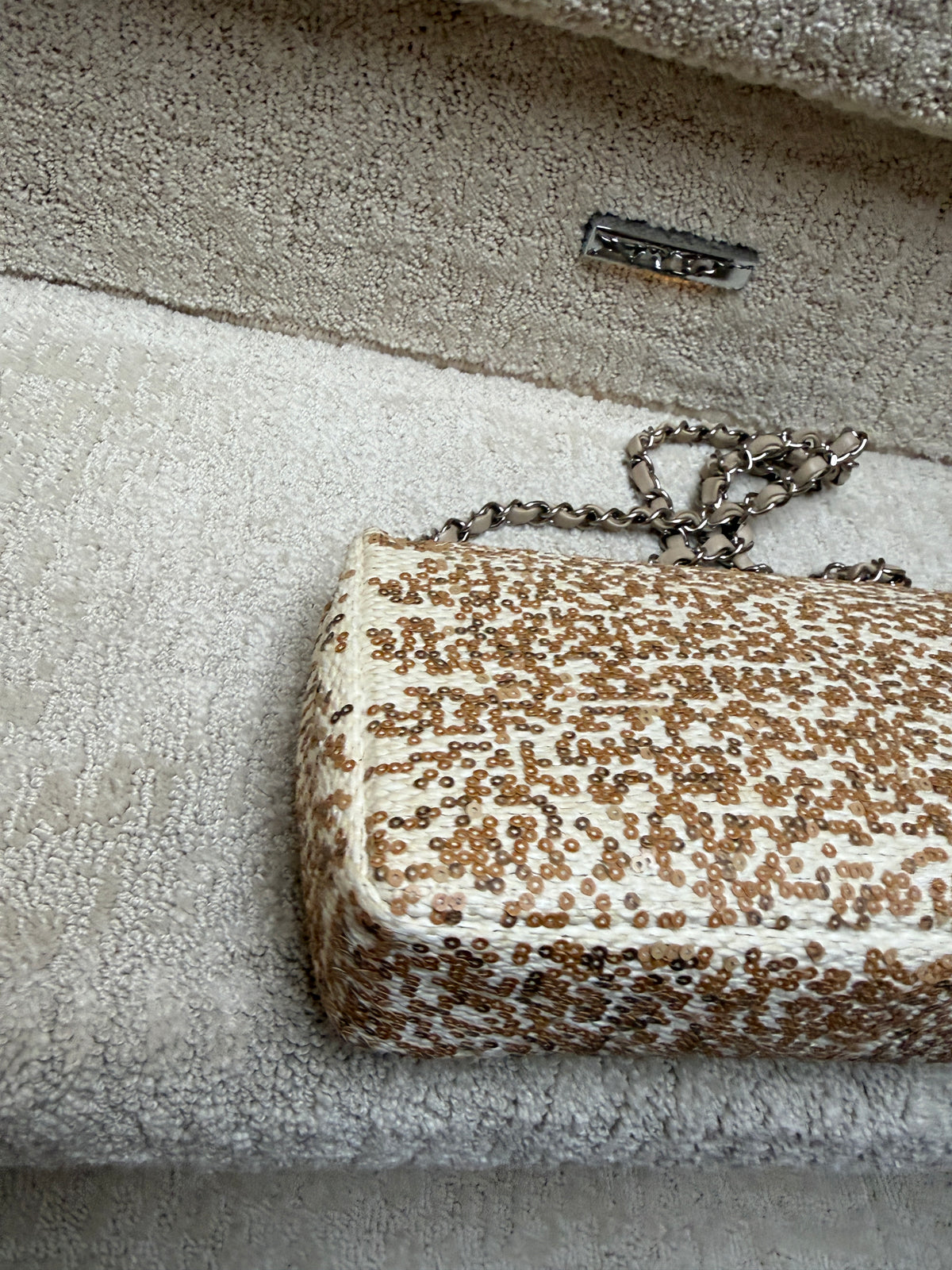Chanel Small Single Flap Bag in Beige Raffia Sequins from Karl Lagerfeld