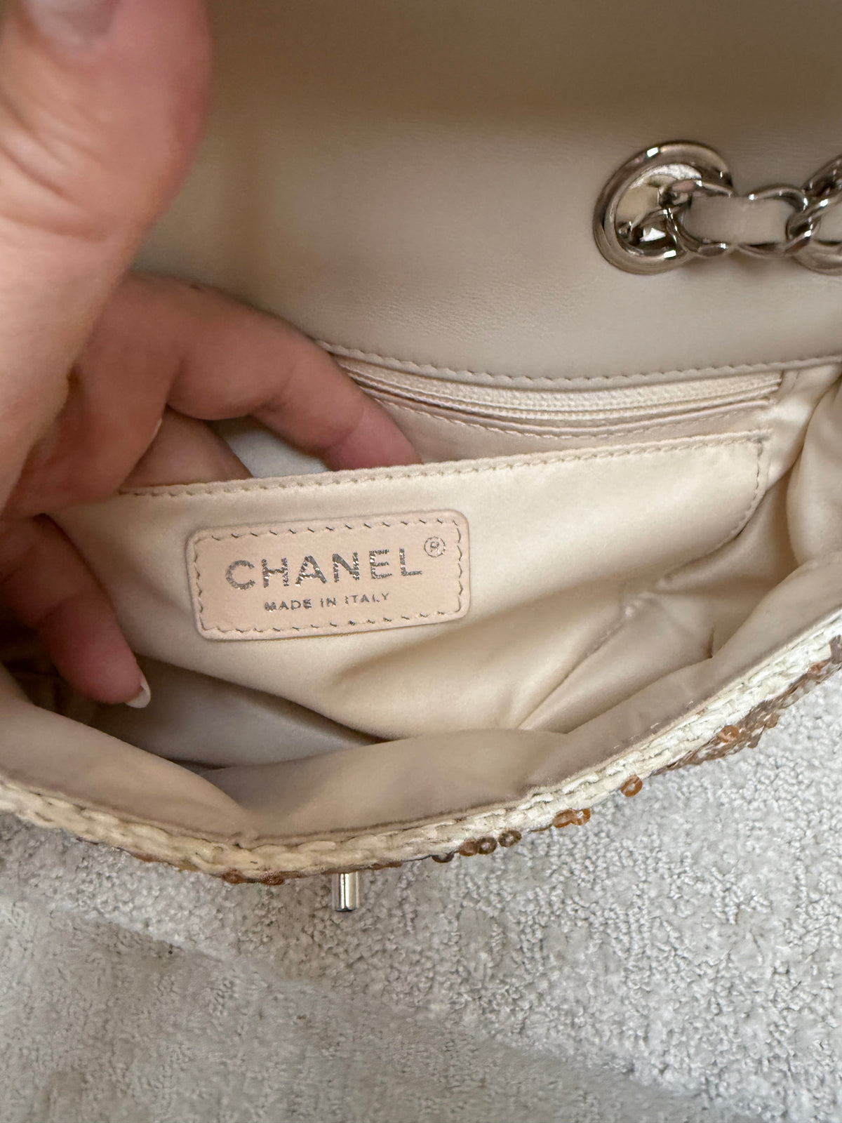 Chanel Small Single Flap Bag in Beige Raffia Sequins from Karl Lagerfeld