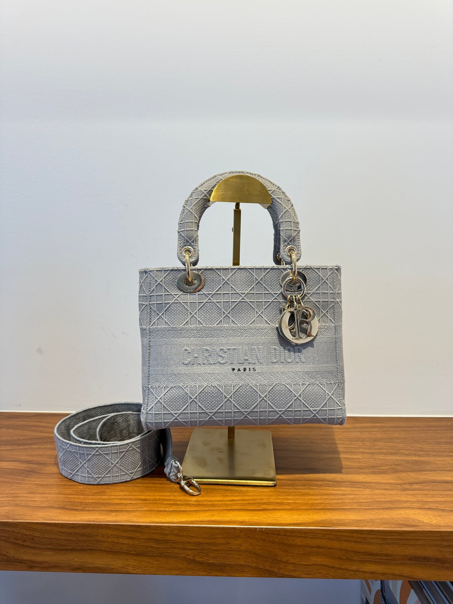 Christian Dior Canvas Embroidered Cannage Medium Lady D-Lite Gray