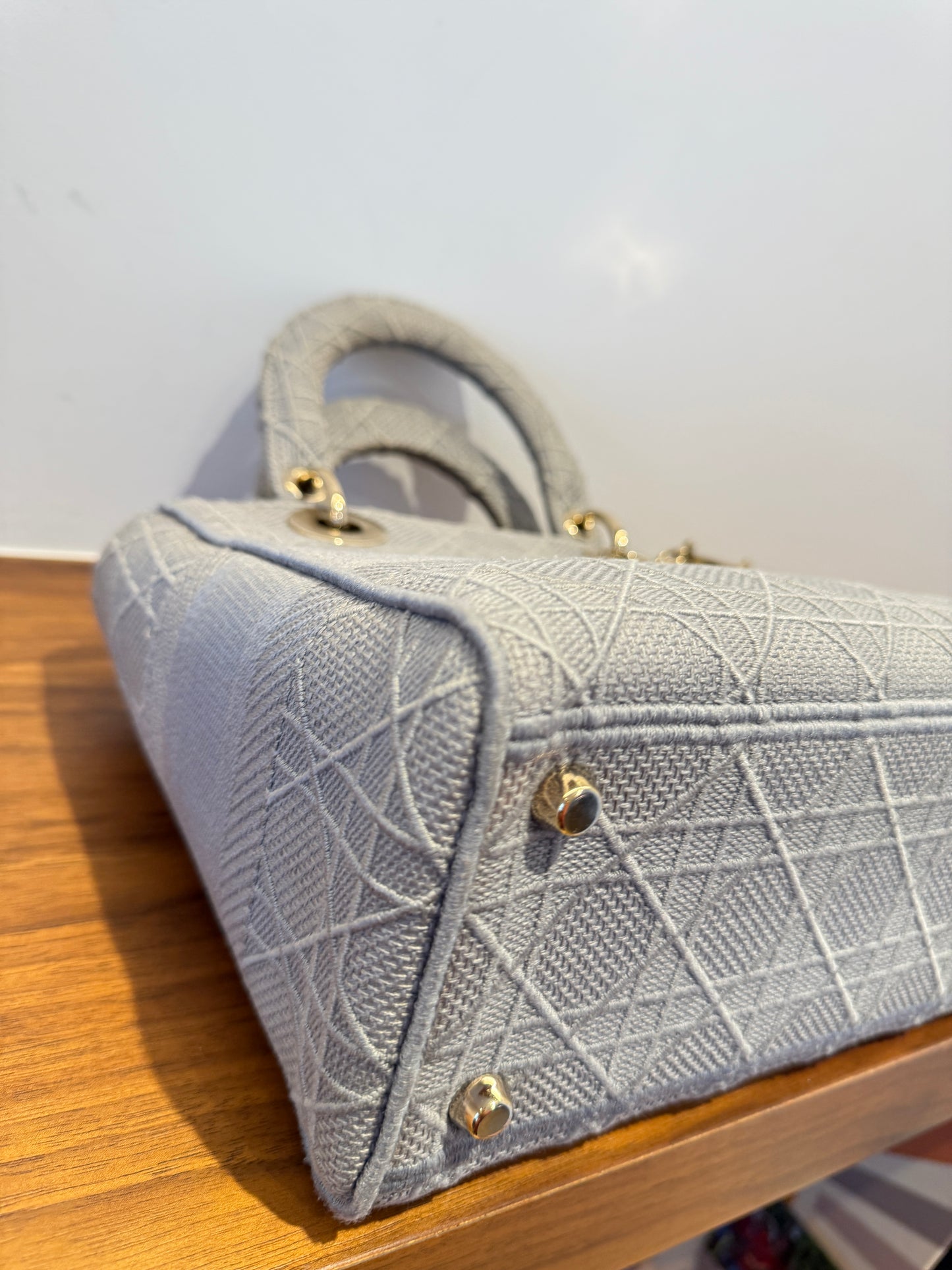 Christian Dior Canvas Embroidered Cannage Medium Lady D-Lite Gray