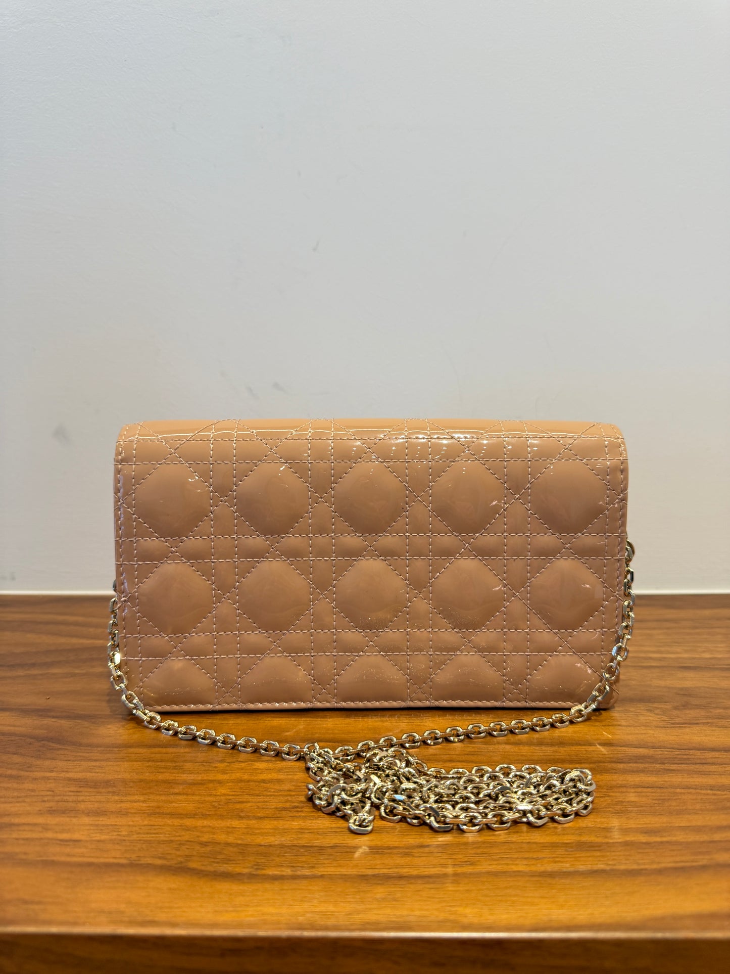 Christian Dior Patent Cannage Lady Dior Chain Wallet in Beige