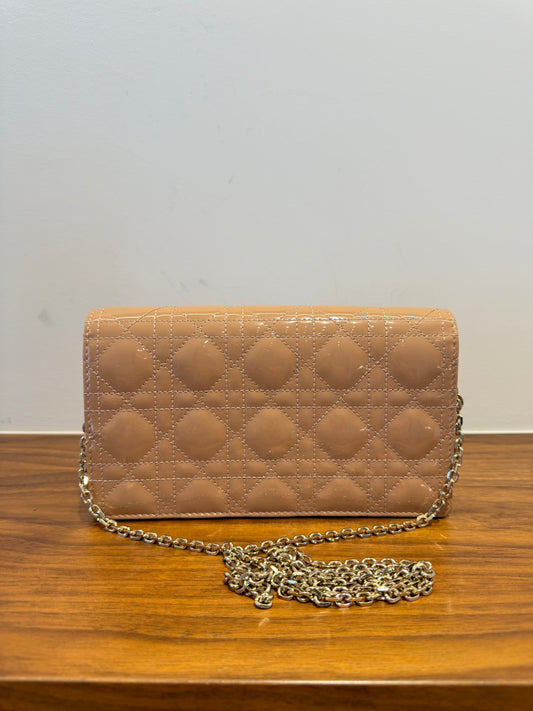 Christian Dior Patent Cannage Lady Dior Chain Wallet in Beige