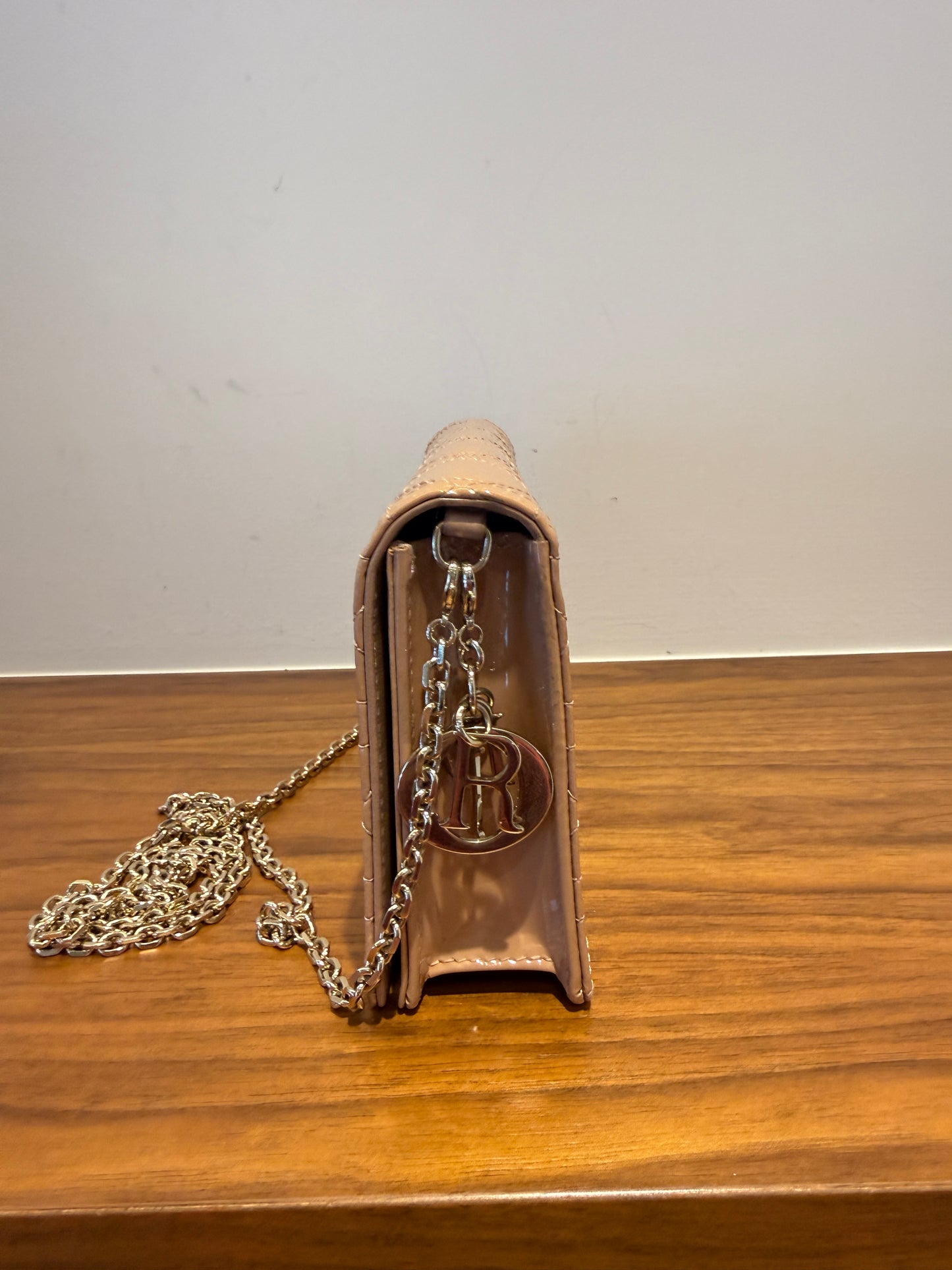 Christian Dior Patent Cannage Lady Dior Chain Wallet in Beige