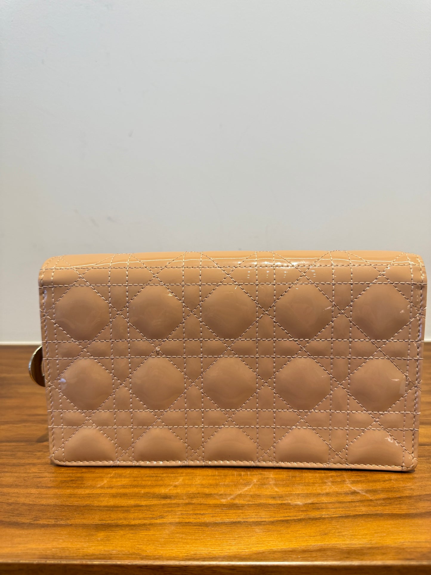 Christian Dior Patent Cannage Lady Dior Chain Wallet in Beige