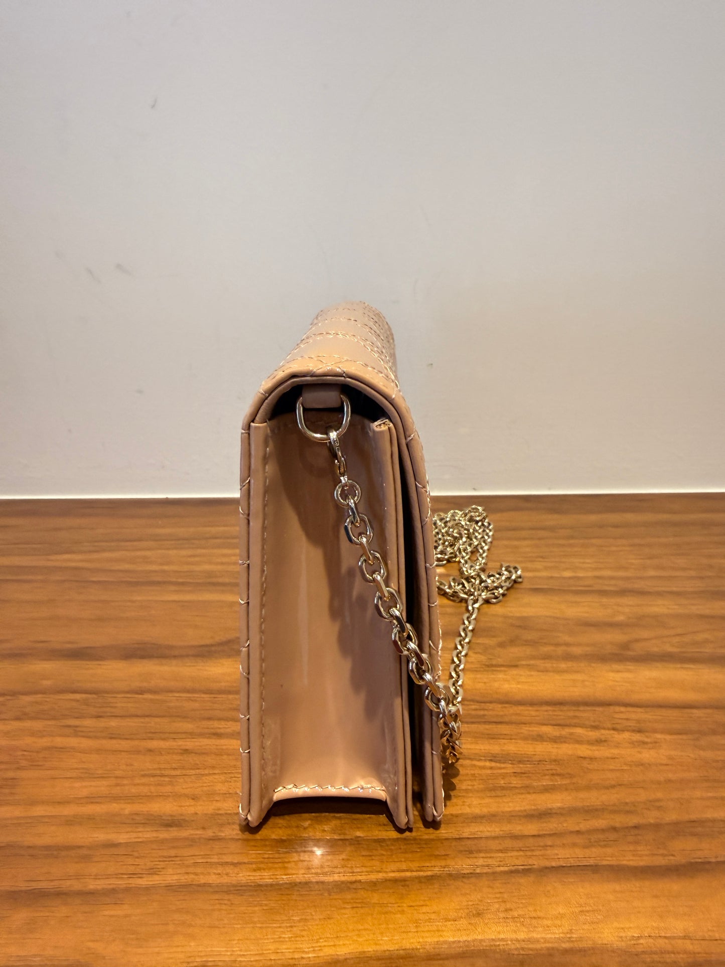 Christian Dior Patent Cannage Lady Dior Chain Wallet in Beige