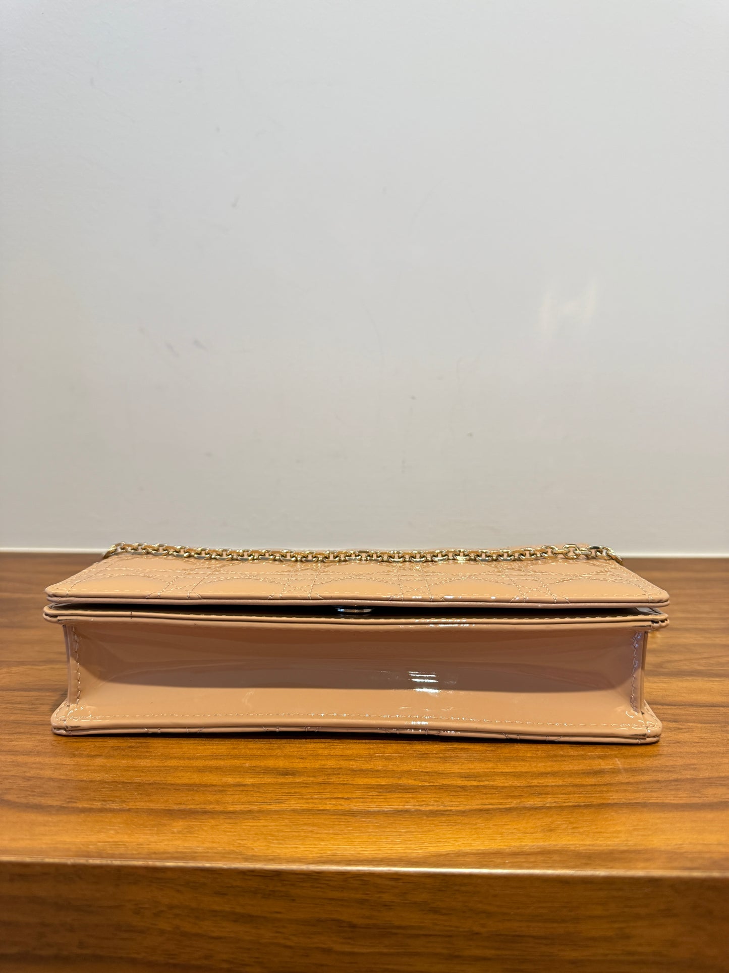Christian Dior Patent Cannage Lady Dior Chain Wallet in Beige