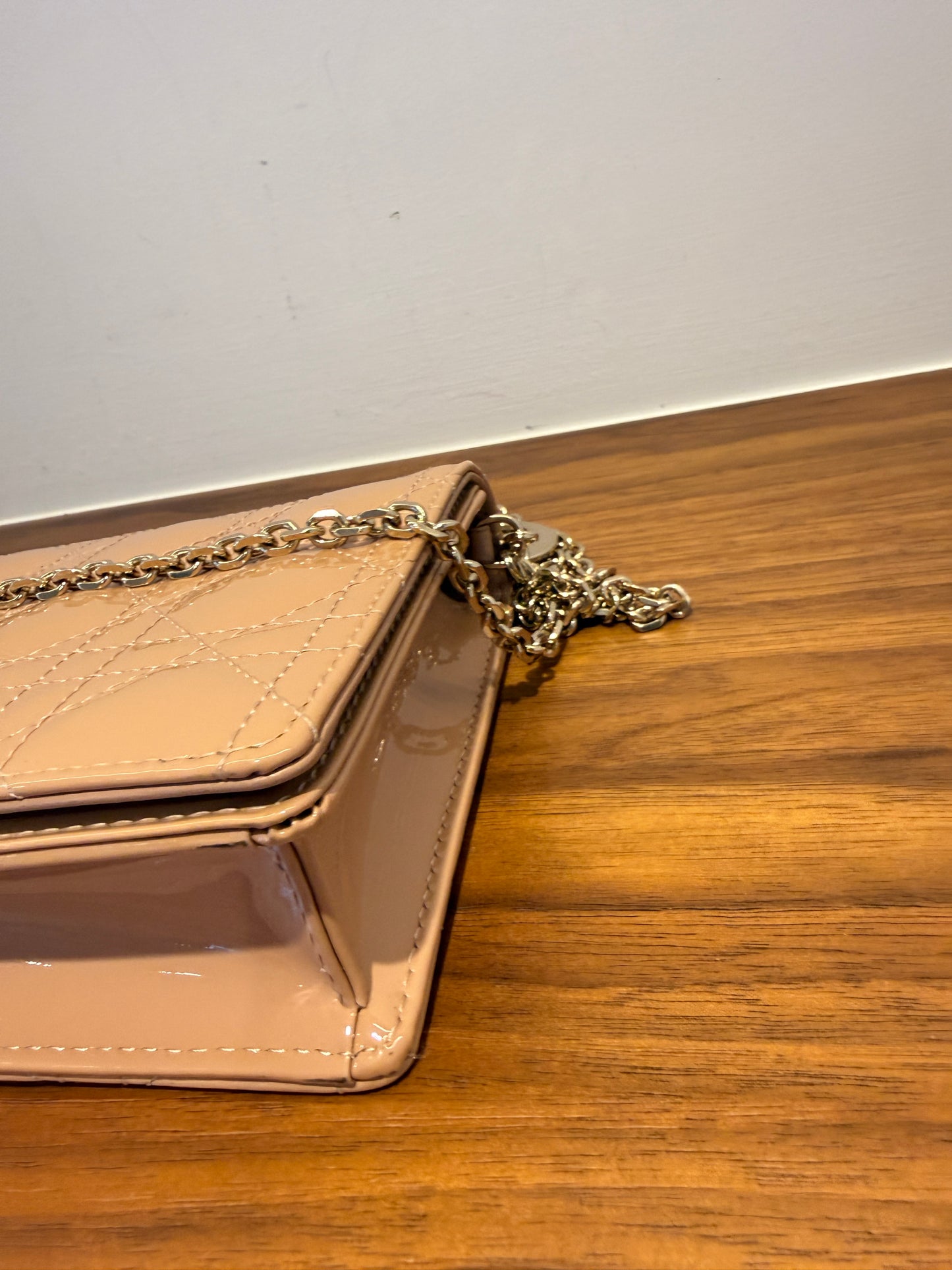 Christian Dior Patent Cannage Lady Dior Chain Wallet in Beige