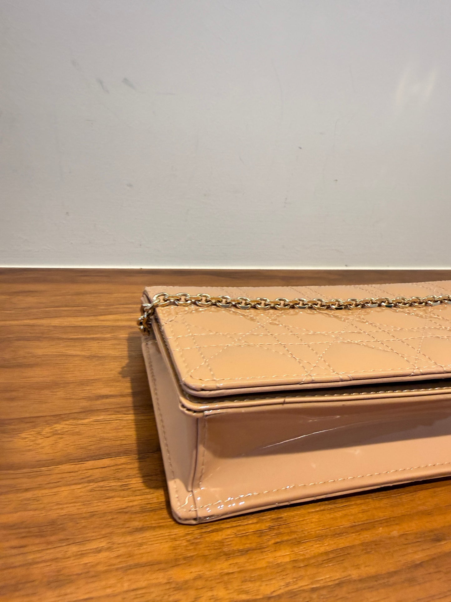 Christian Dior Patent Cannage Lady Dior Chain Wallet in Beige