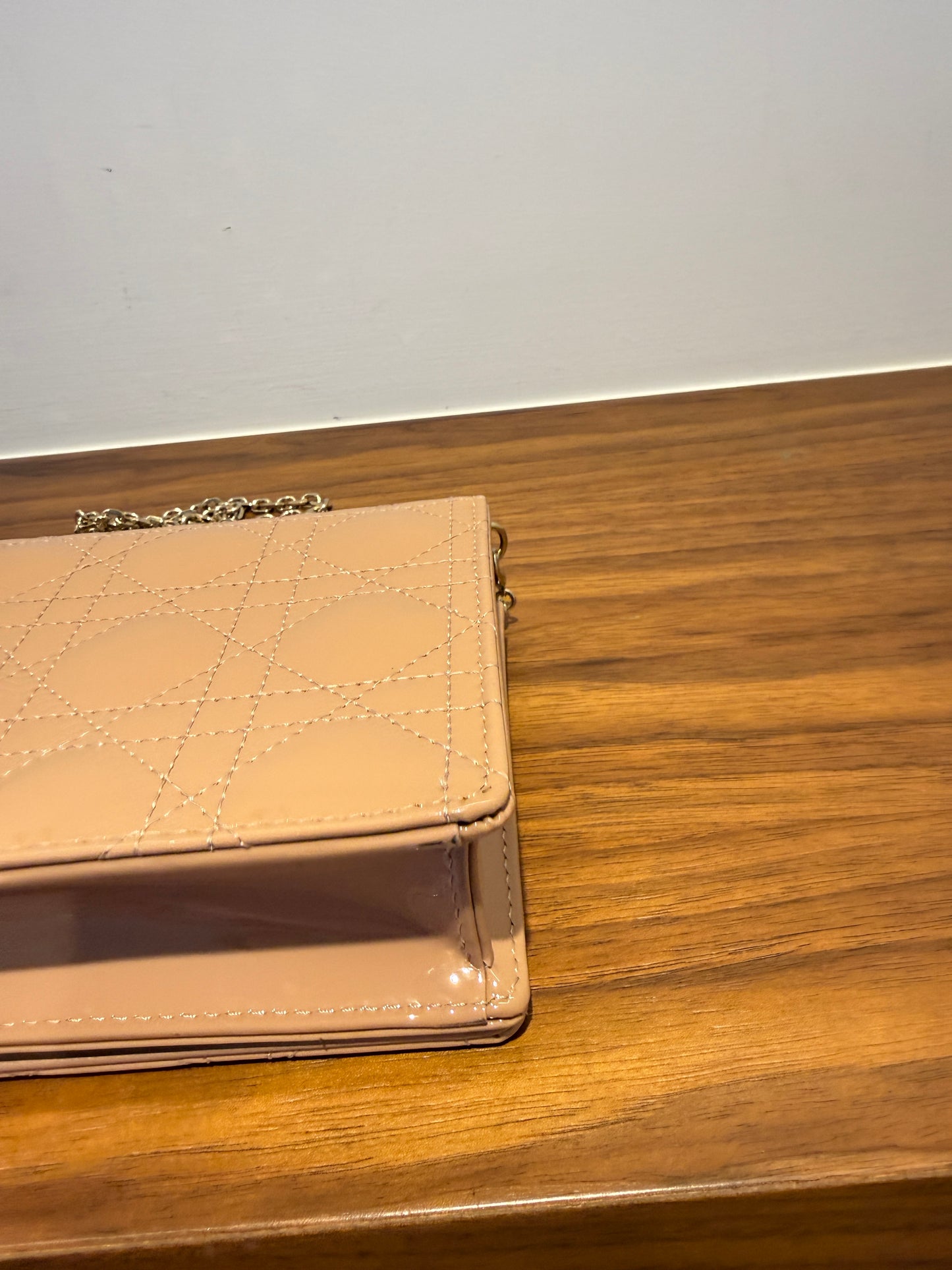 Christian Dior Patent Cannage Lady Dior Chain Wallet in Beige