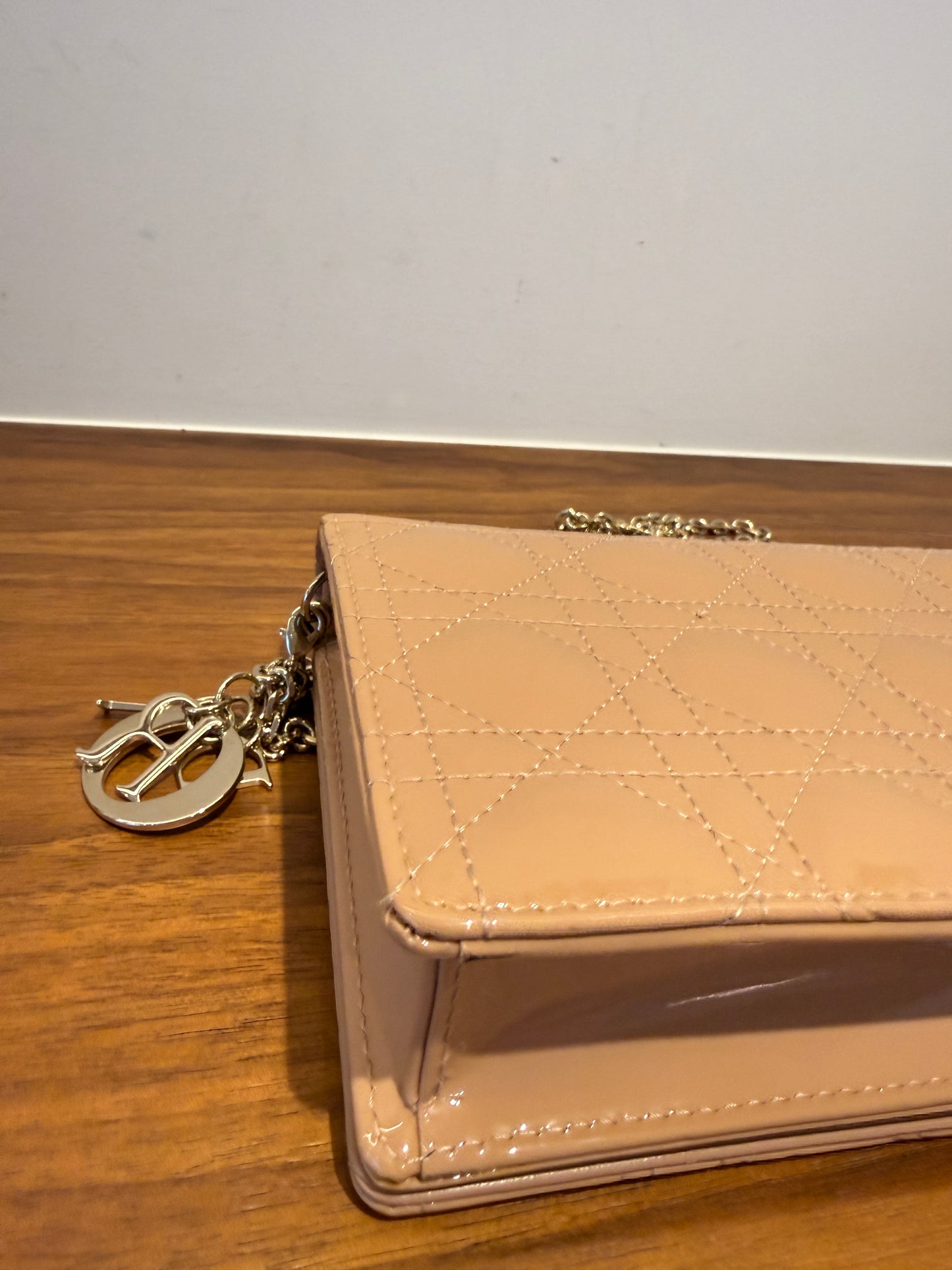 Christian Dior Patent Cannage Lady Dior Chain Wallet in Beige