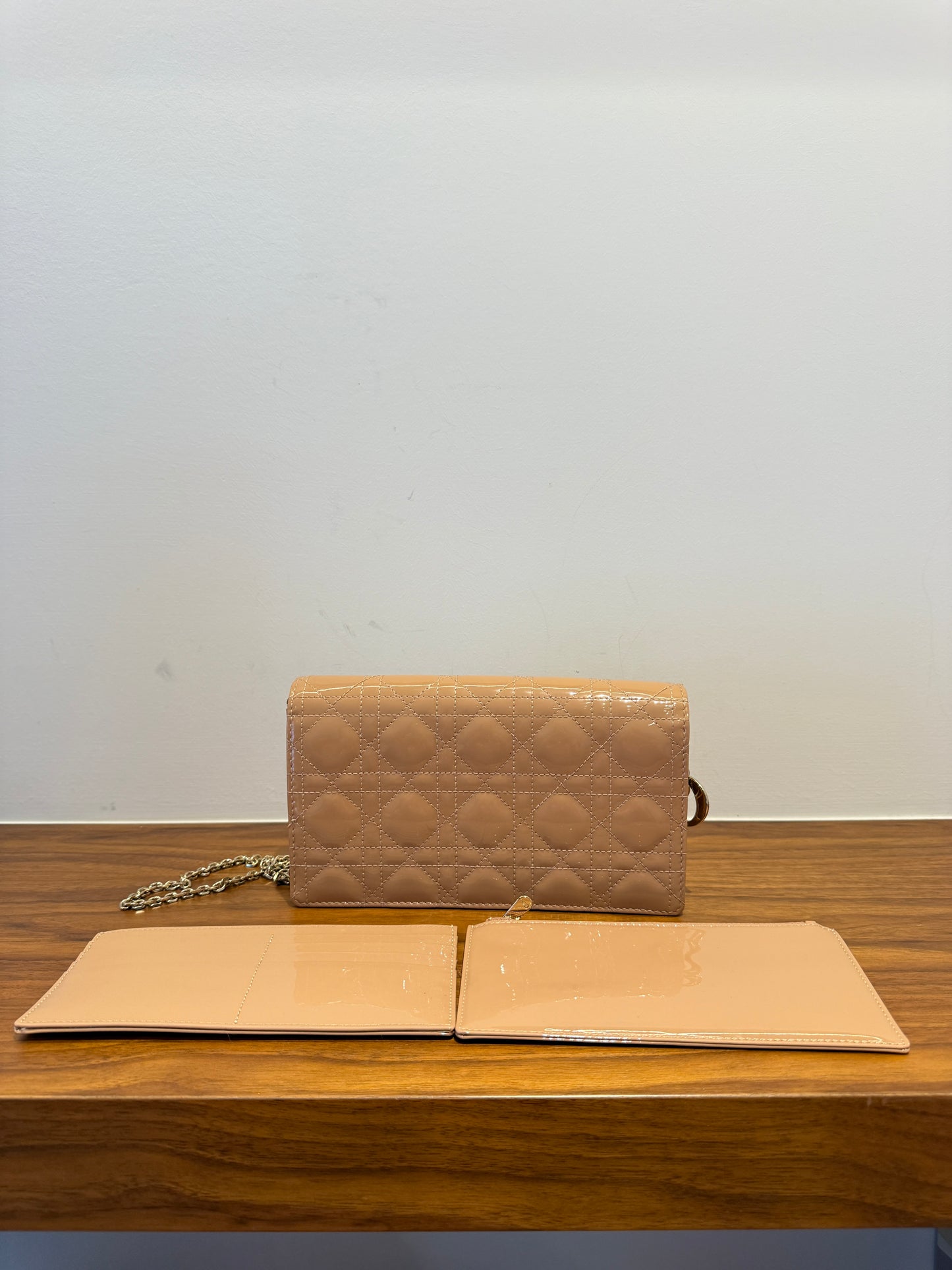 Christian Dior Patent Cannage Lady Dior Chain Wallet in Beige