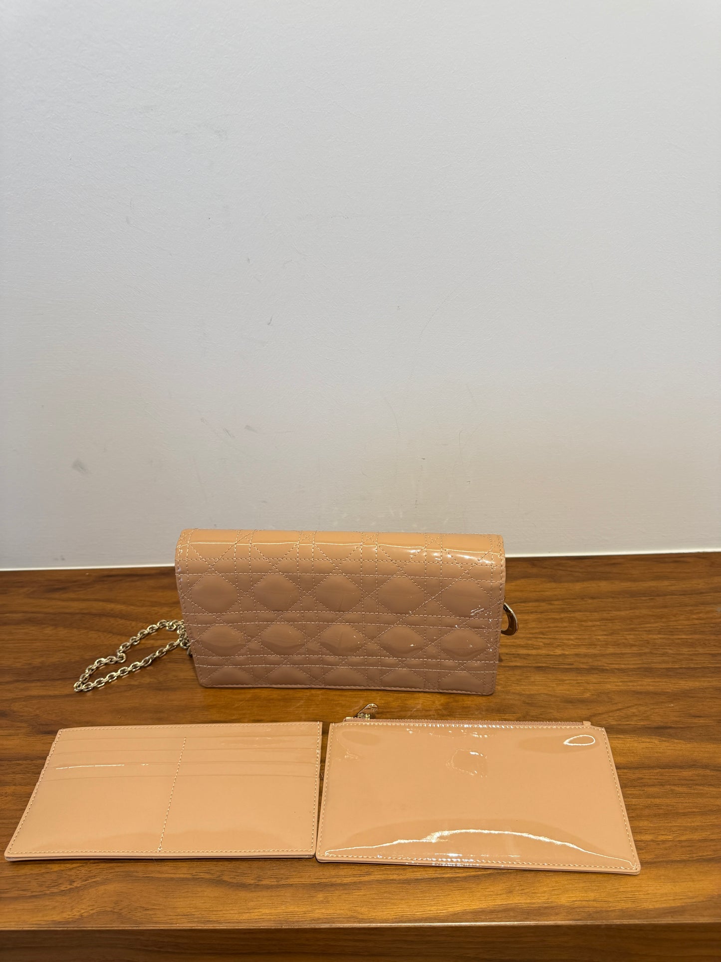 Christian Dior Patent Cannage Lady Dior Chain Wallet in Beige