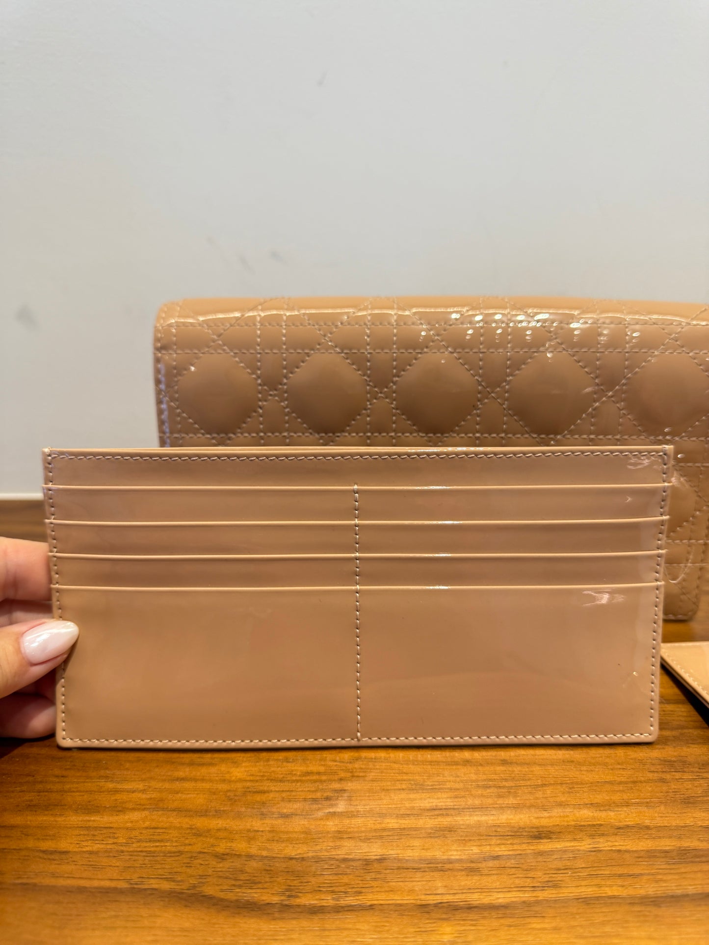 Christian Dior Patent Cannage Lady Dior Chain Wallet in Beige