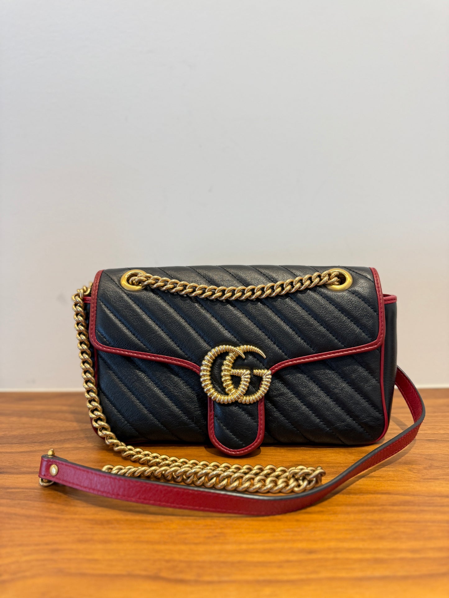 Gucci Vintage Effect Calfskin Matelasse Diagonal Small Torchon GG Marmont Black Romantic Cherry